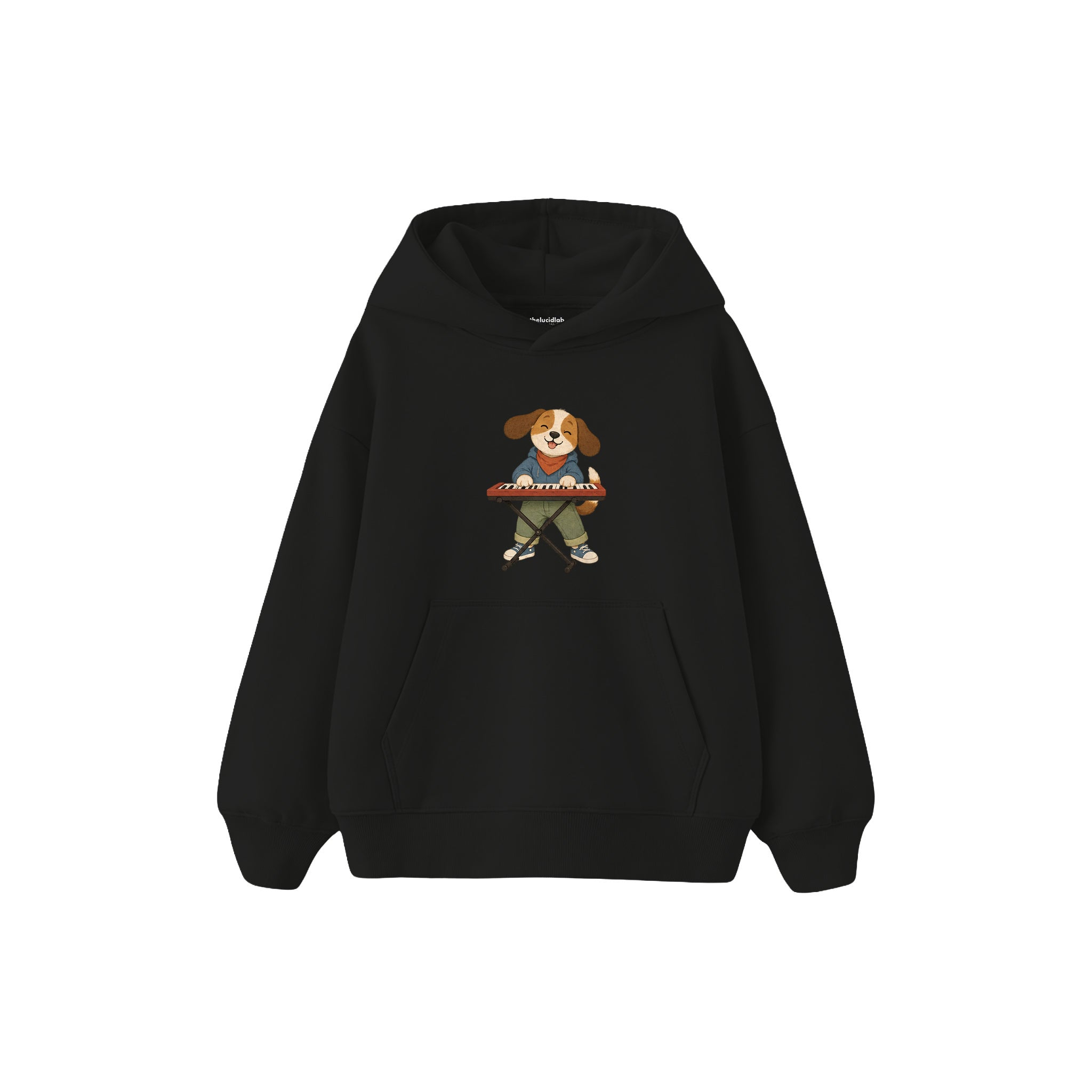 Dog playing a small keyboard Çocuk Hoodie — Siyah — ön görünüm