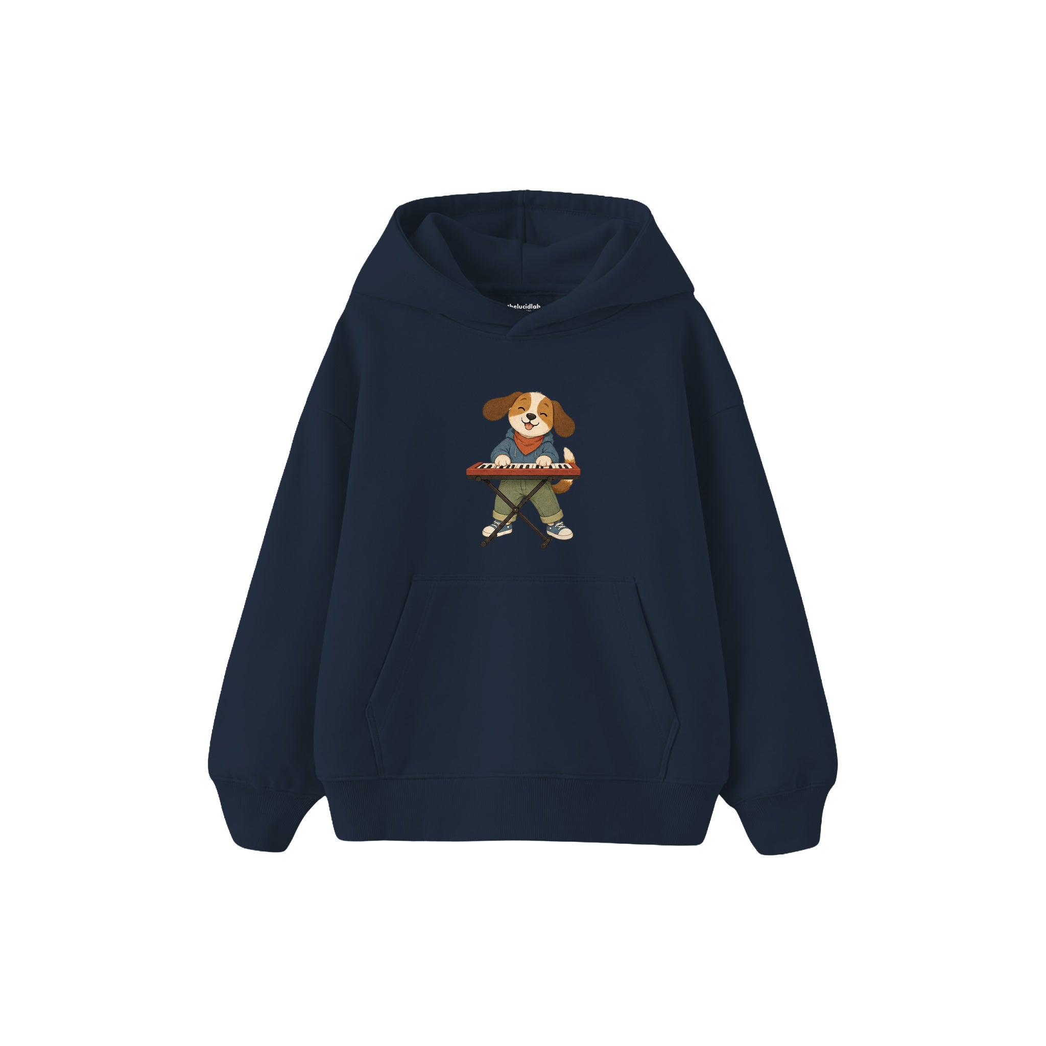 Dog playing a small keyboard Çocuk Hoodie — Lacivert — ön görünüm