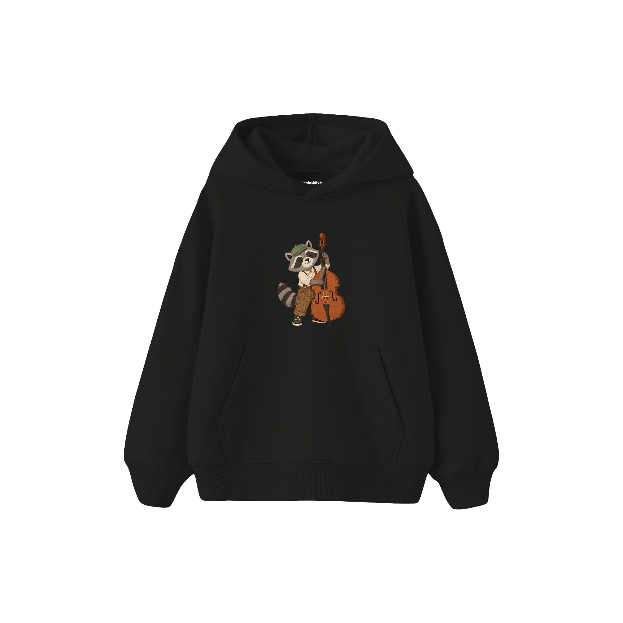 Raccoon playing a double bass Çocuk Hoodie — Siyah — ön görünüm