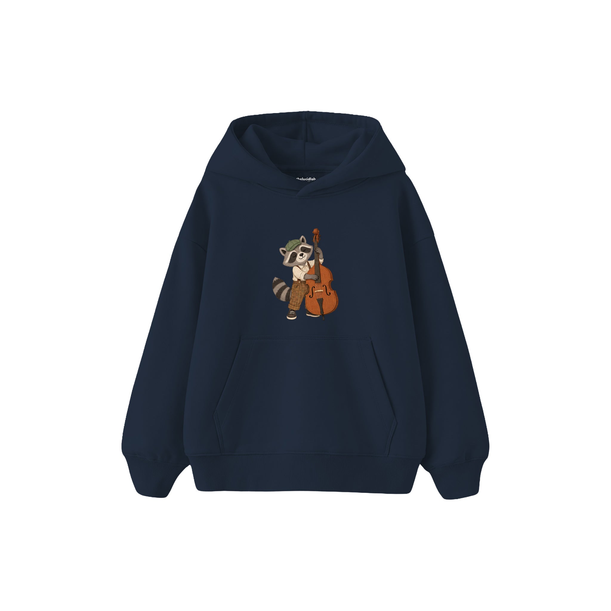 Raccoon playing a double bass Çocuk Hoodie — Lacivert — ön görünüm