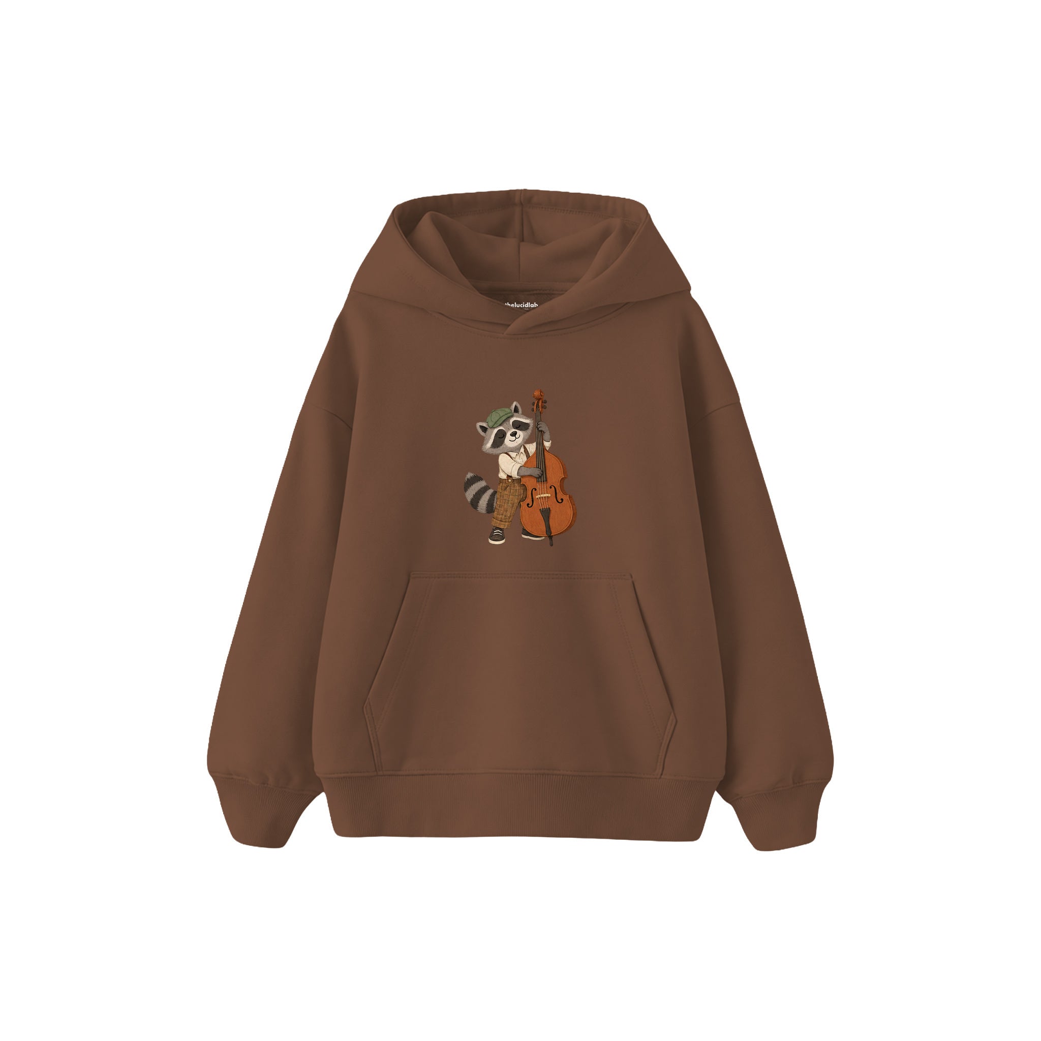Raccoon playing a double bass Çocuk Hoodie — Kahverengi — ön görünüm
