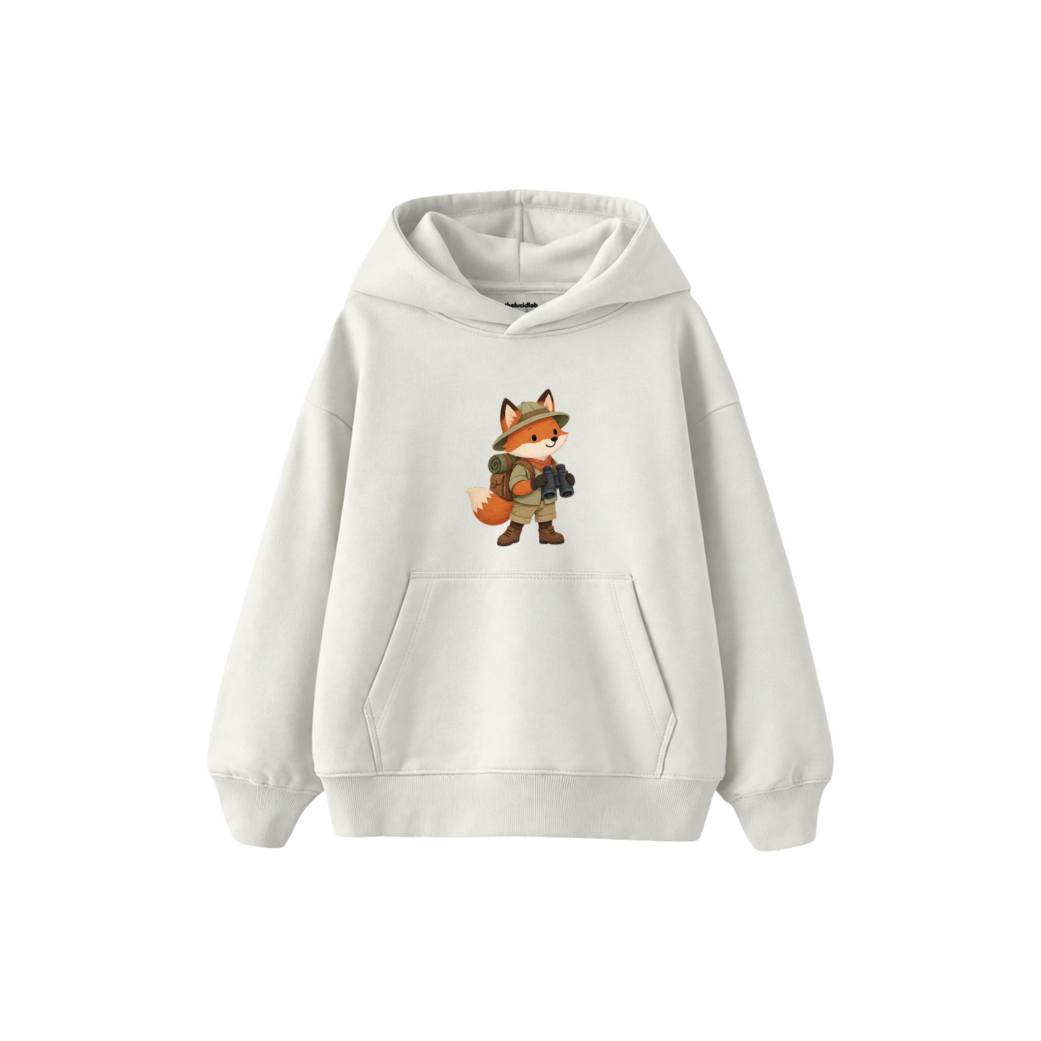 Fox with explorer backpack and binoculars Çocuk Hoodie — Beyaz — ön görünüm