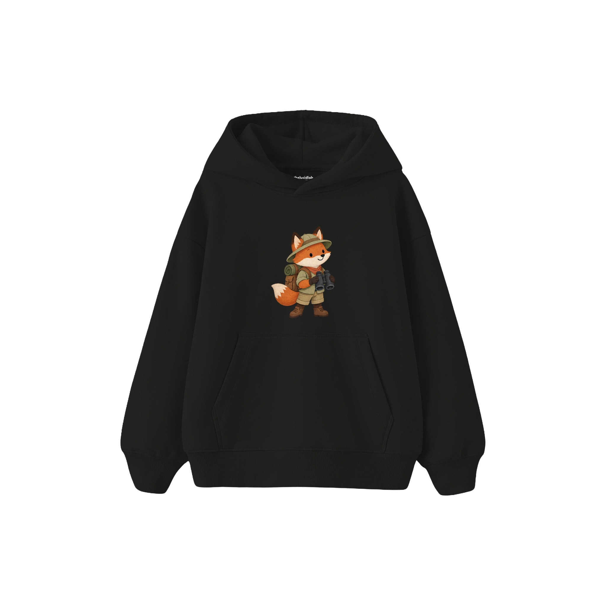 Fox with explorer backpack and binoculars Çocuk Hoodie — Siyah — ön görünüm