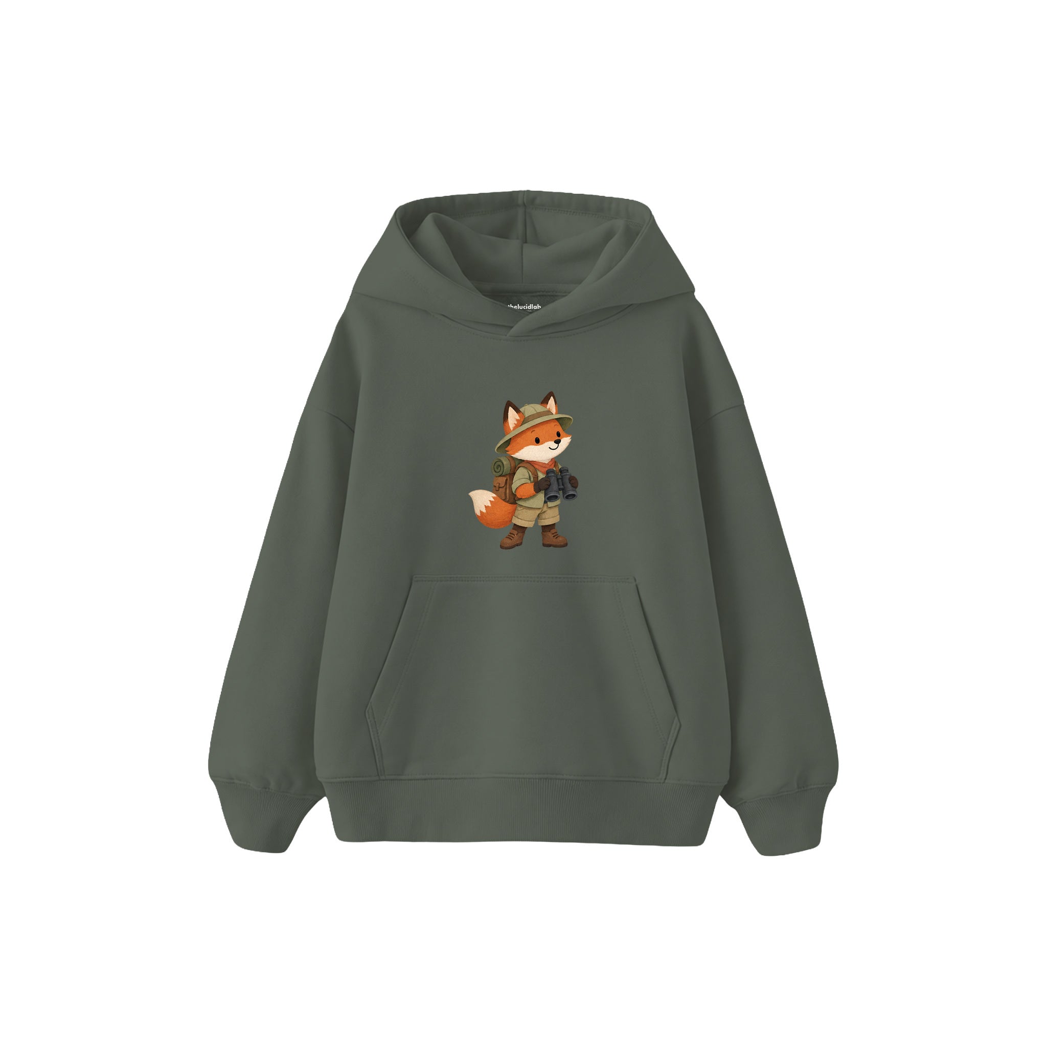 Fox with explorer backpack and binoculars Çocuk Hoodie — Antrasit — ön görünüm