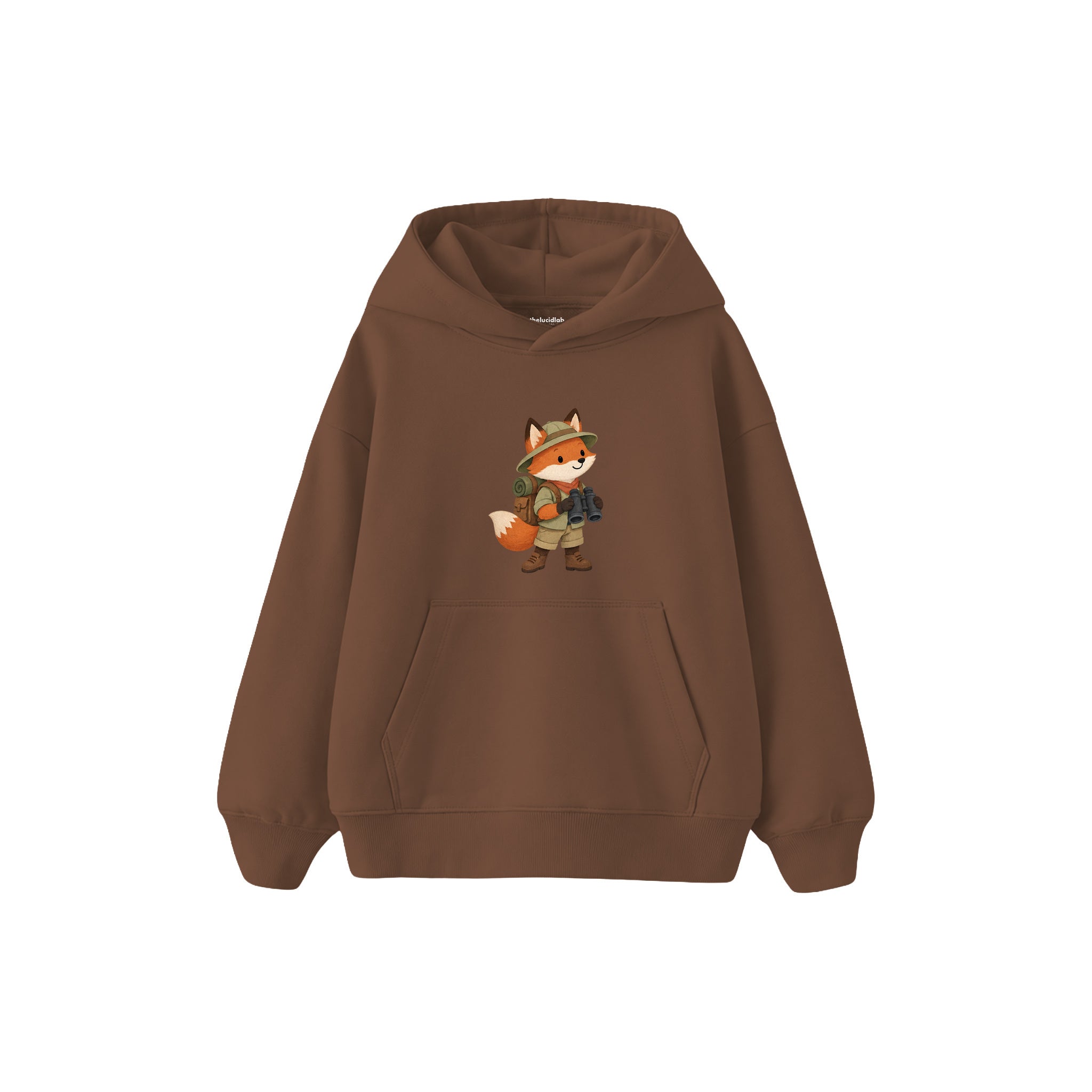 Fox with explorer backpack and binoculars Çocuk Hoodie — Kahverengi — ön görünüm