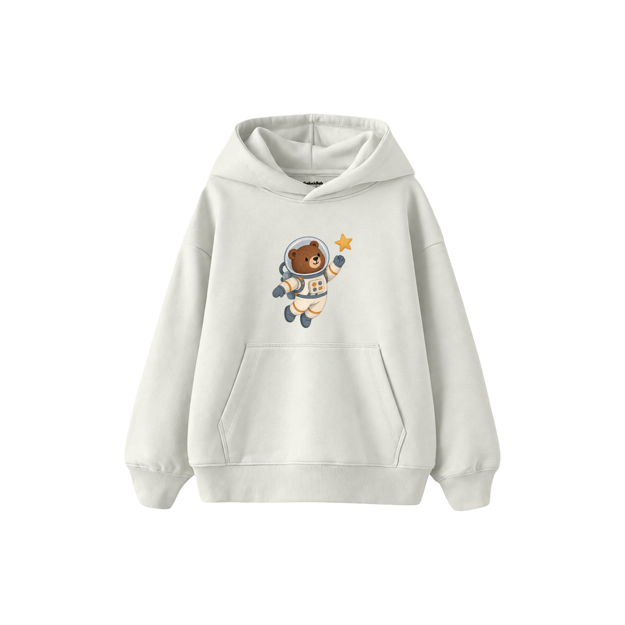 Bear astronaut floating with one star Çocuk Hoodie — Beyaz — ön görünüm