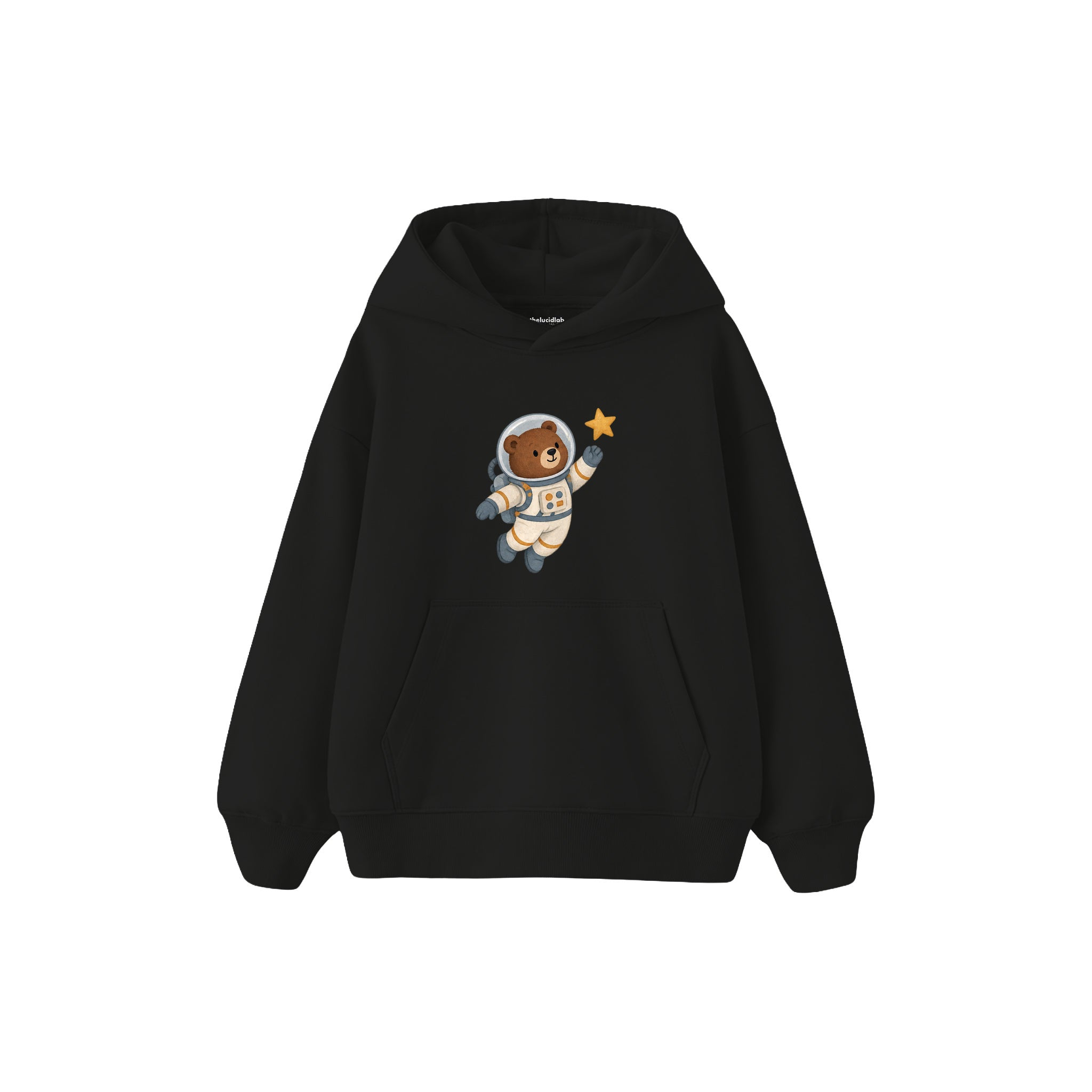 Bear astronaut floating with one star Çocuk Hoodie — Siyah — ön görünüm