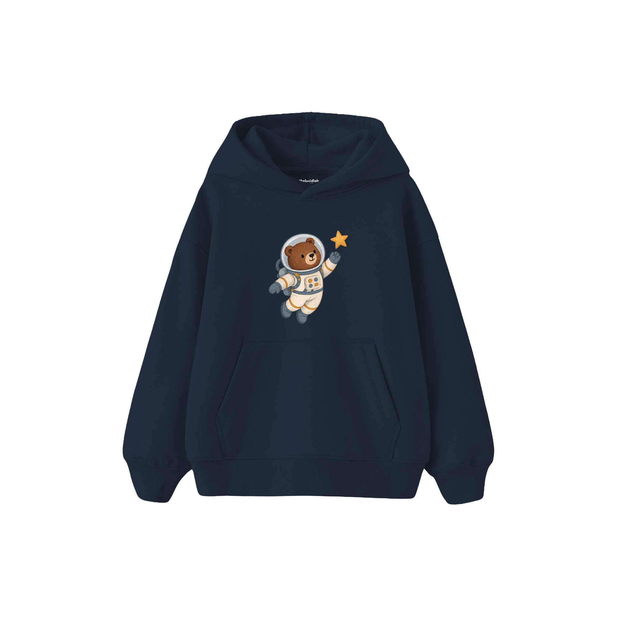 Bear astronaut floating with one star Çocuk Hoodie — Lacivert — ön görünüm