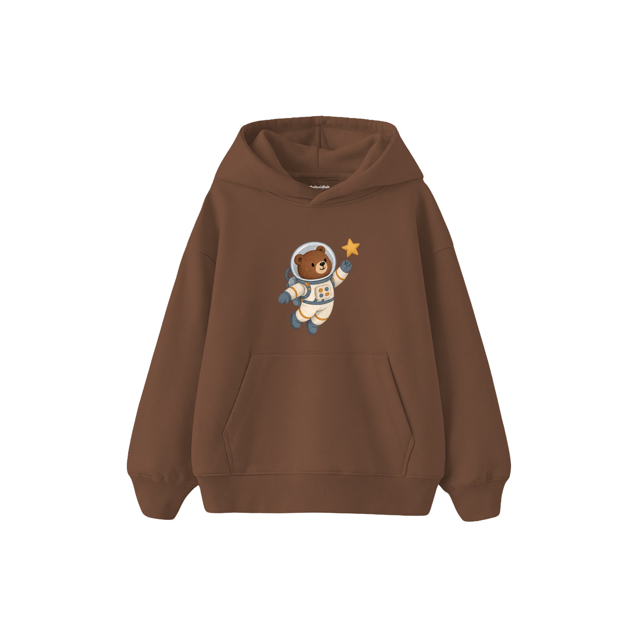 Bear astronaut floating with one star Çocuk Hoodie — Kahverengi — ön görünüm