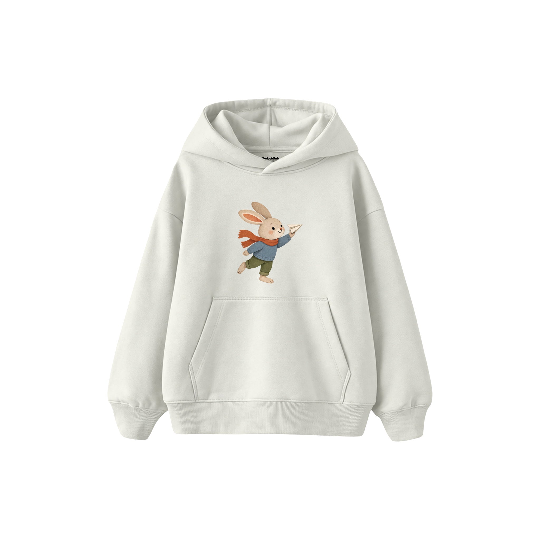 Rabbit flying a small paper plane Çocuk Hoodie — Beyaz — ön görünüm