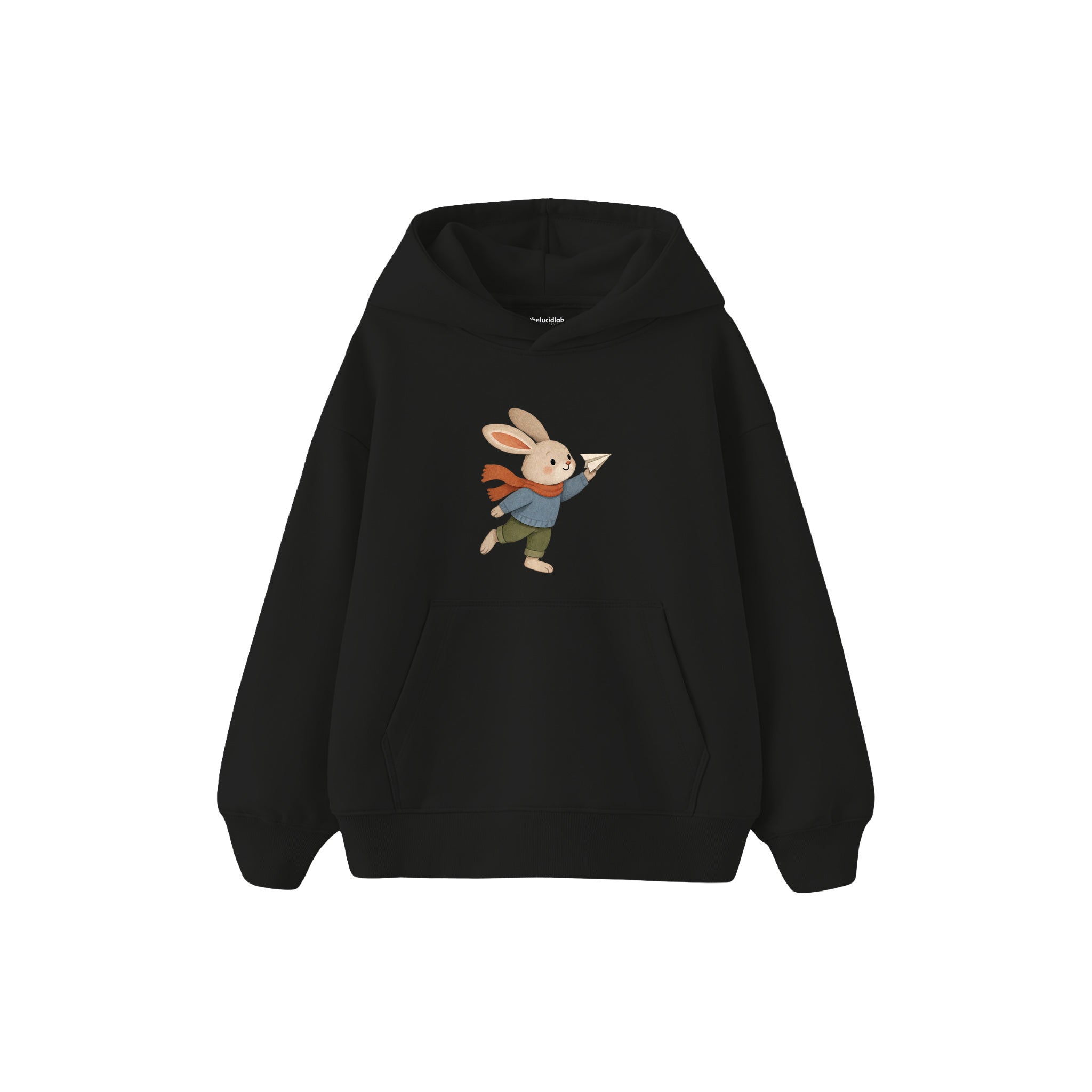 Rabbit flying a small paper plane Çocuk Hoodie — Siyah — ön görünüm