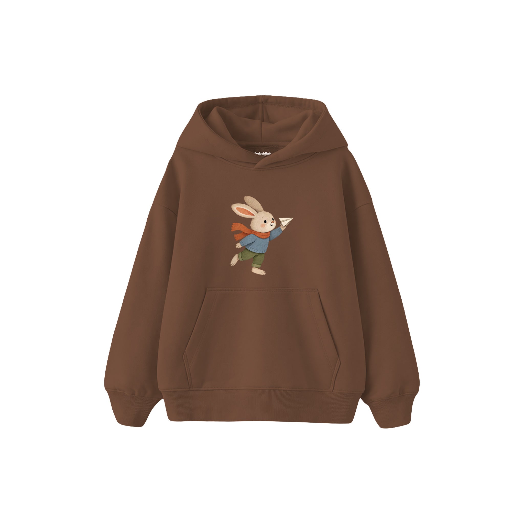 Rabbit flying a small paper plane Çocuk Hoodie — Kahverengi — ön görünüm
