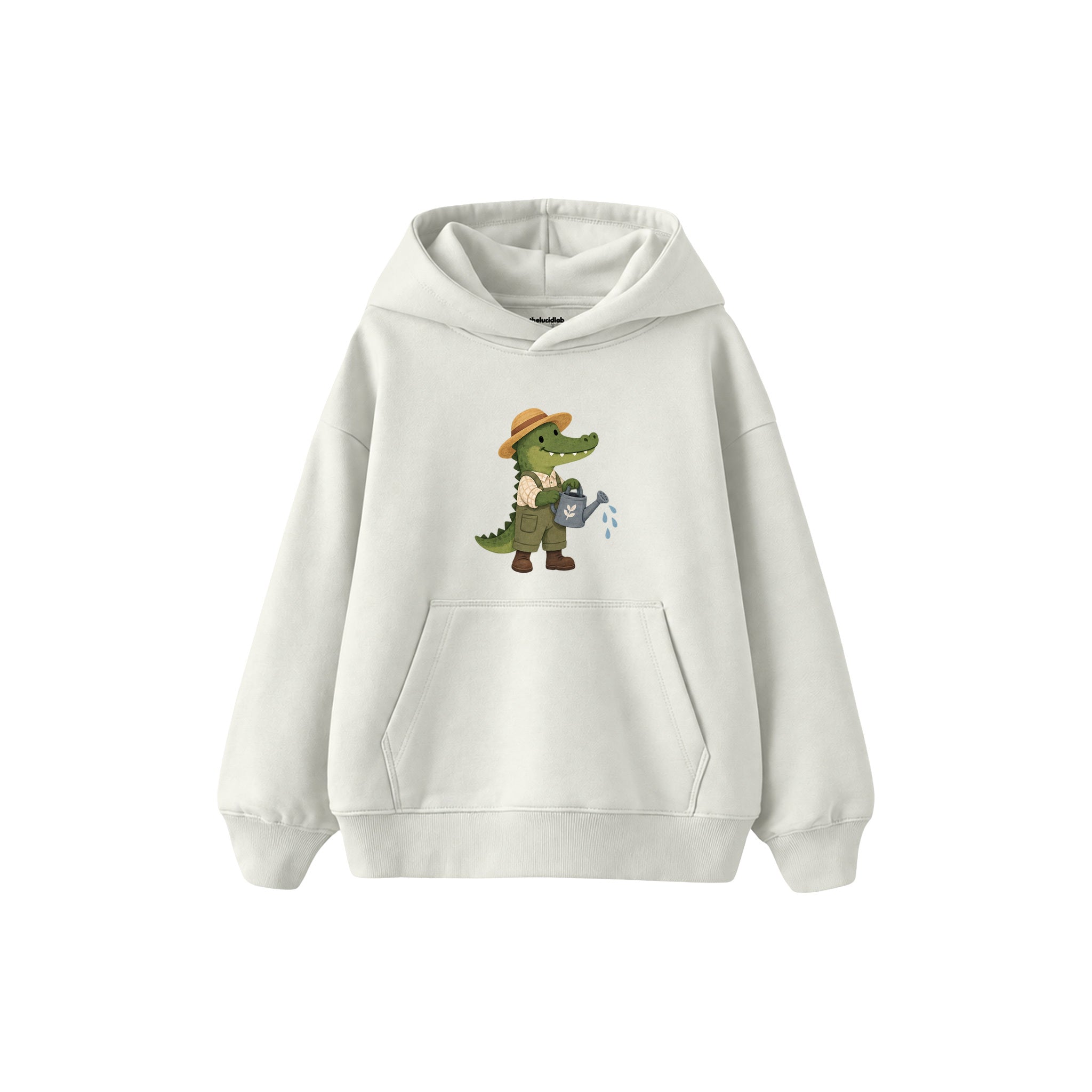 Crocodile gardener with a watering can Çocuk Hoodie — Beyaz — ön görünüm