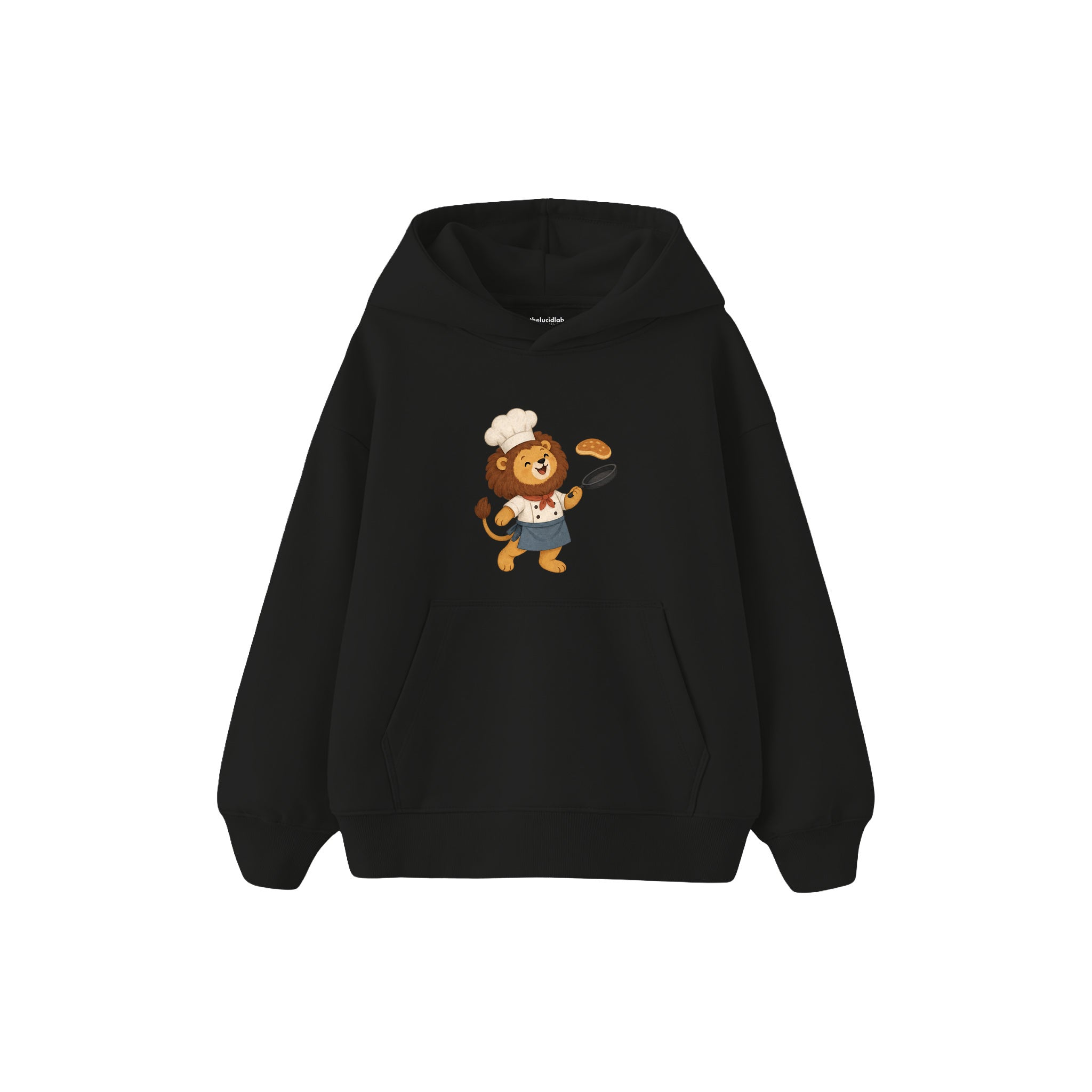 Lion chef tossing a pancake Çocuk Hoodie — Siyah — ön görünüm
