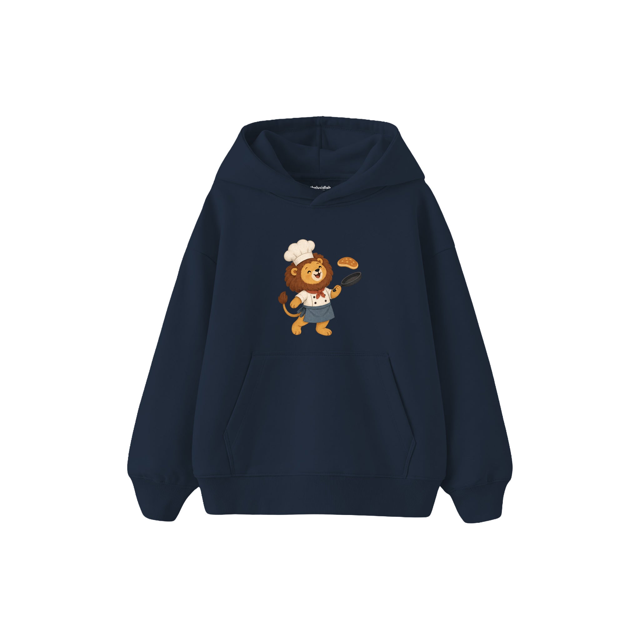 Lion chef tossing a pancake Çocuk Hoodie — Lacivert — ön görünüm