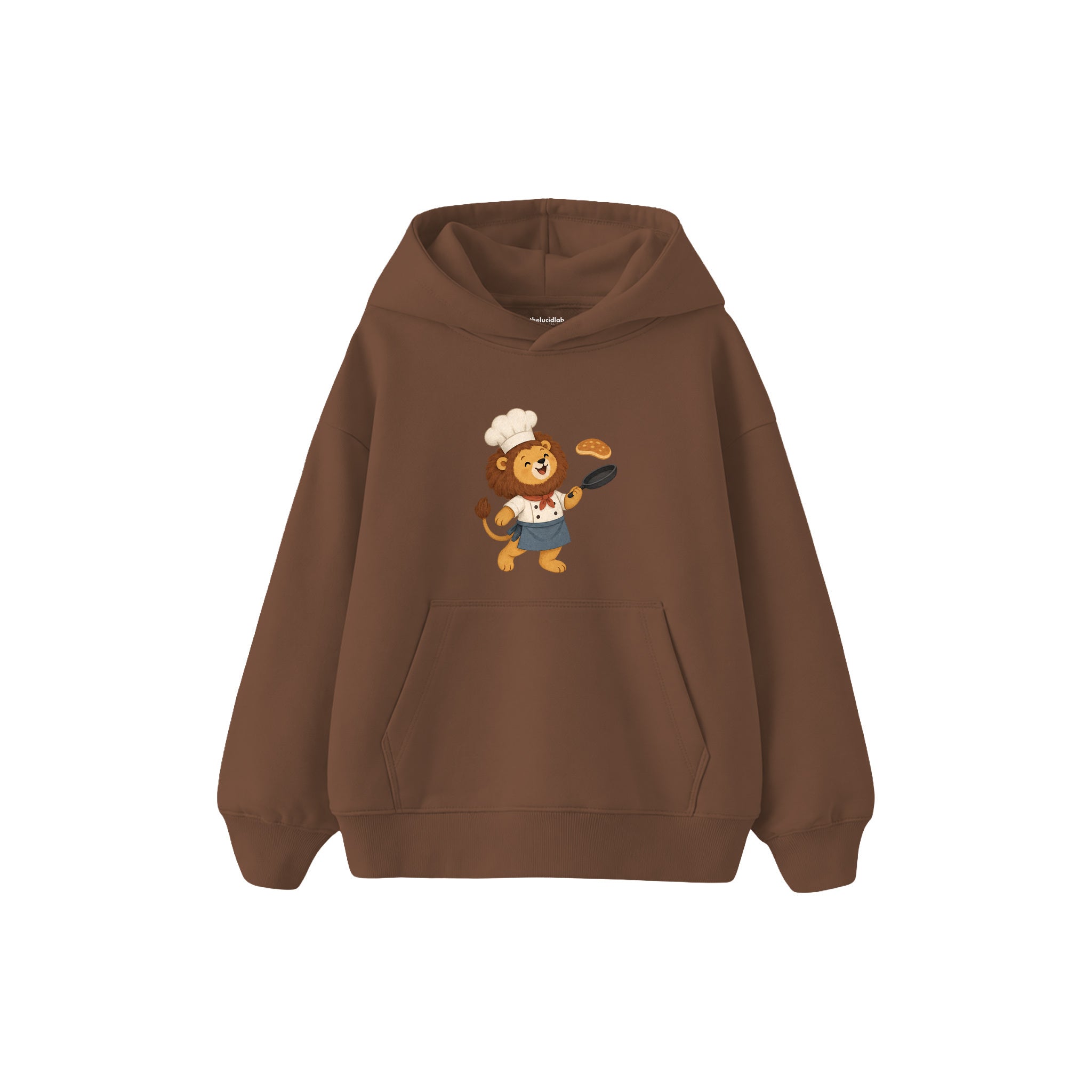Lion chef tossing a pancake Çocuk Hoodie — Kahverengi — ön görünüm