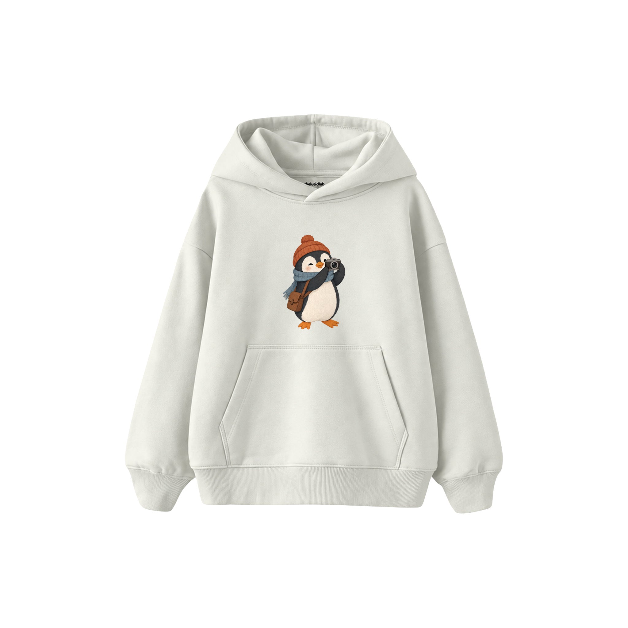 Penguin photographer with a tiny camera Çocuk Hoodie — Beyaz — ön görünüm