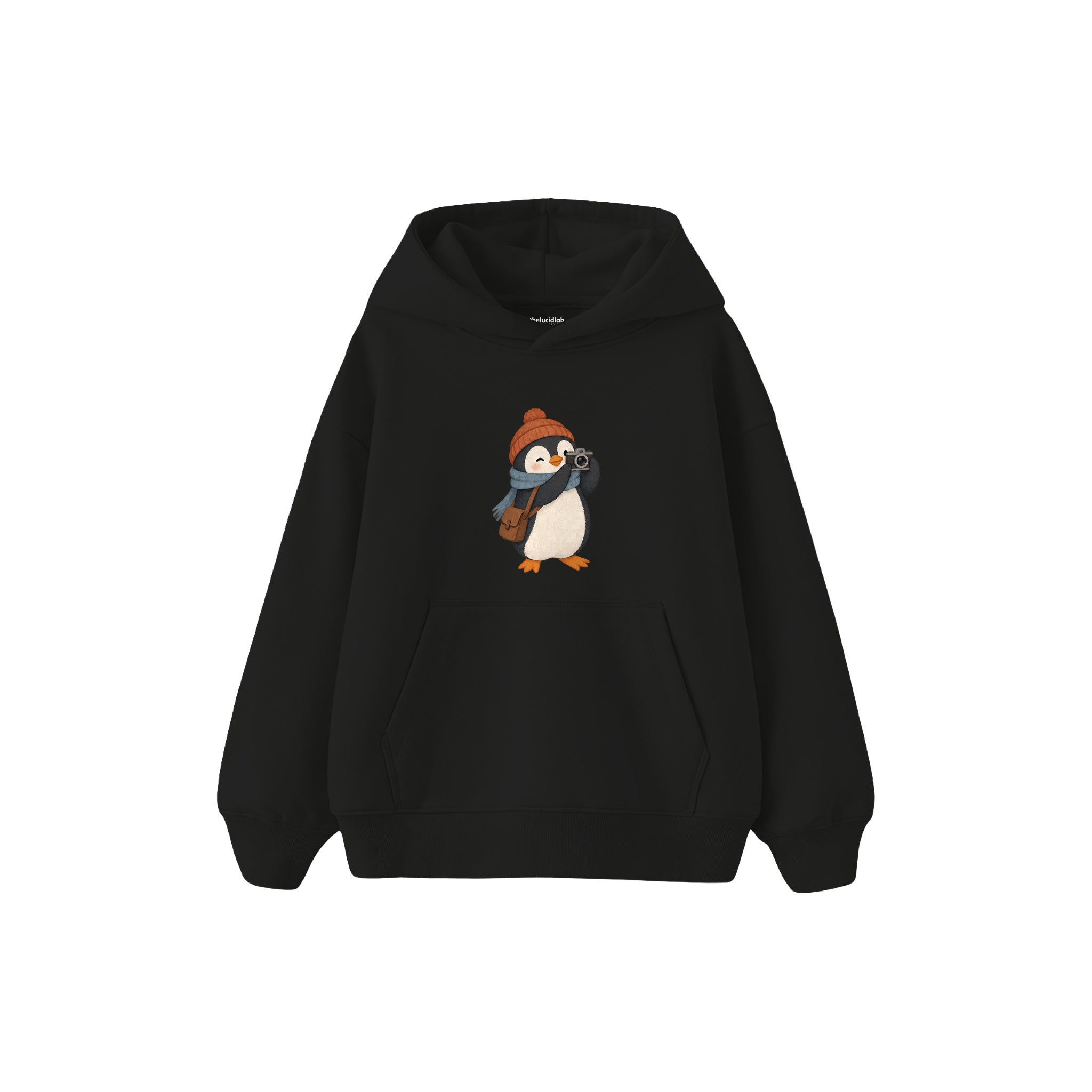 Penguin photographer with a tiny camera Çocuk Hoodie — Siyah — ön görünüm