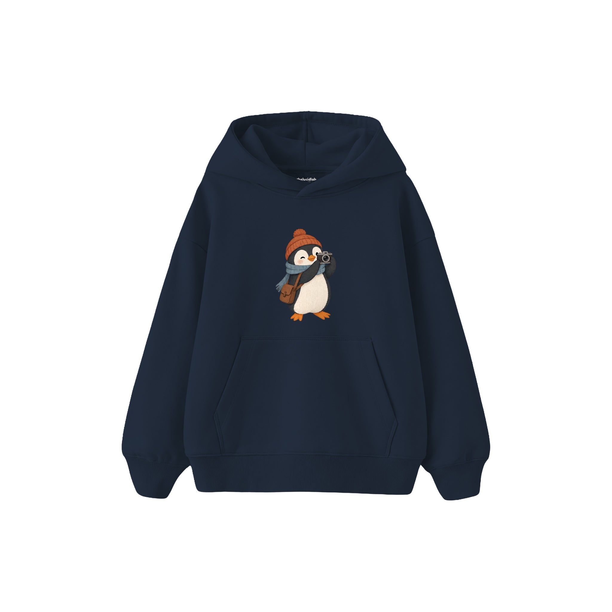 Penguin photographer with a tiny camera Çocuk Hoodie — Lacivert — ön görünüm