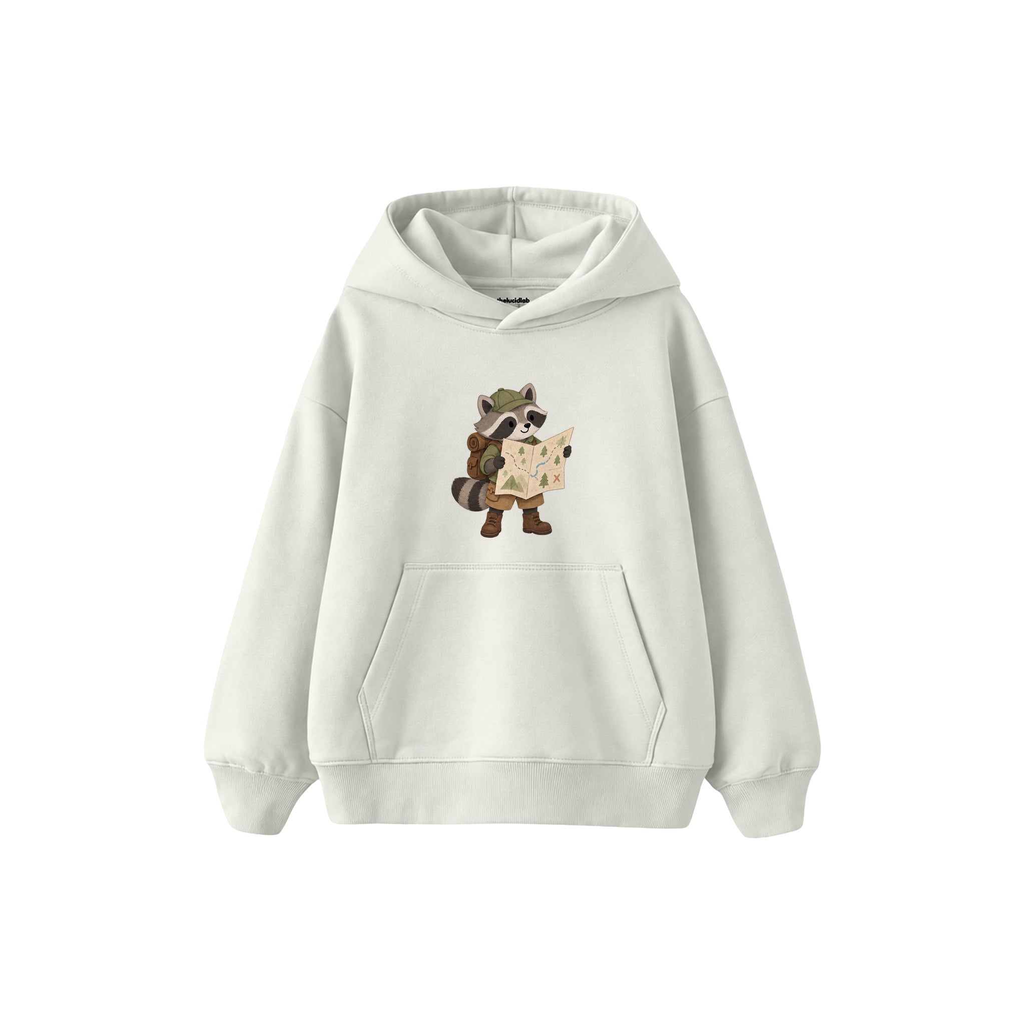 Raccoon reading a large map Çocuk Hoodie — Beyaz — ön görünüm