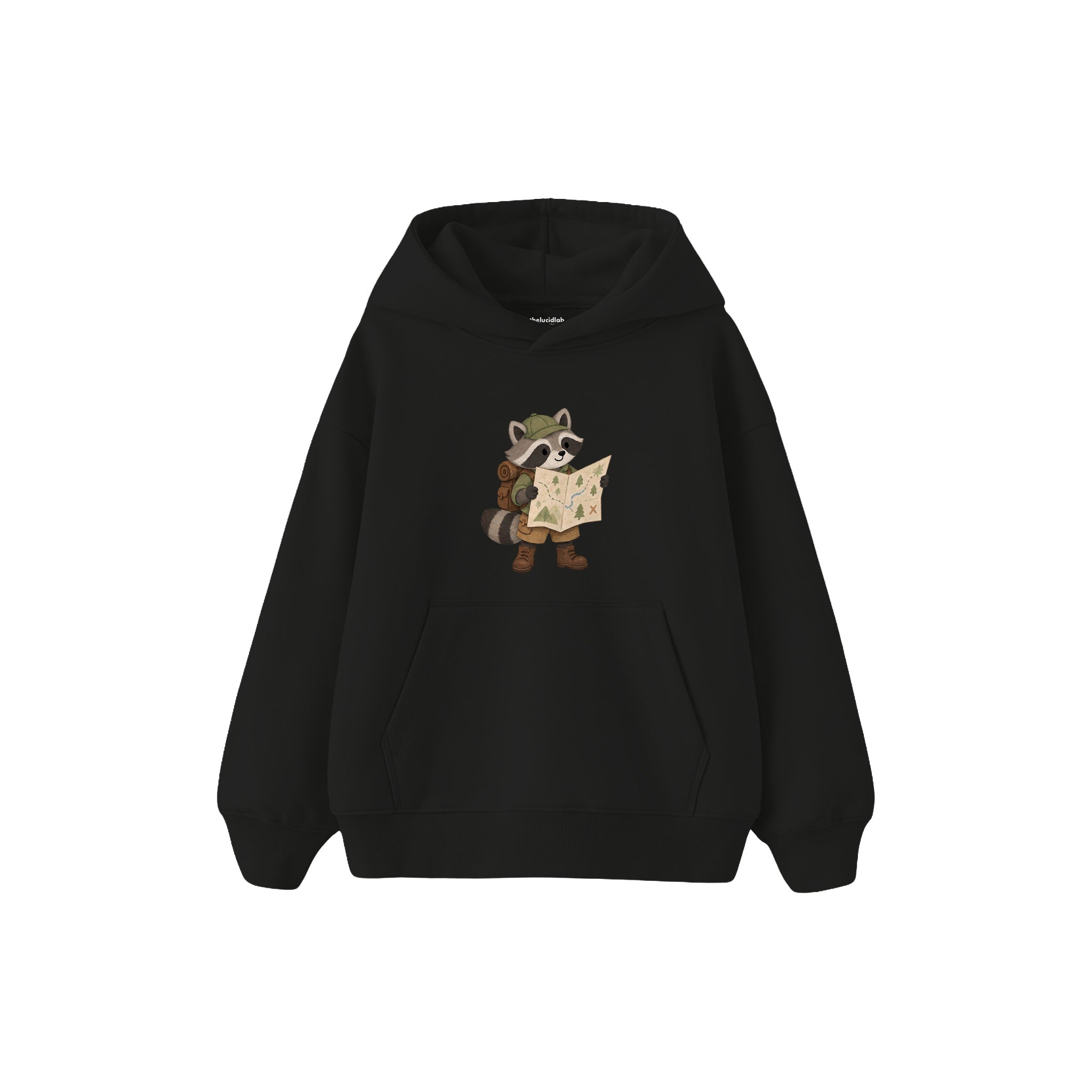 Raccoon reading a large map Çocuk Hoodie — Siyah — ön görünüm