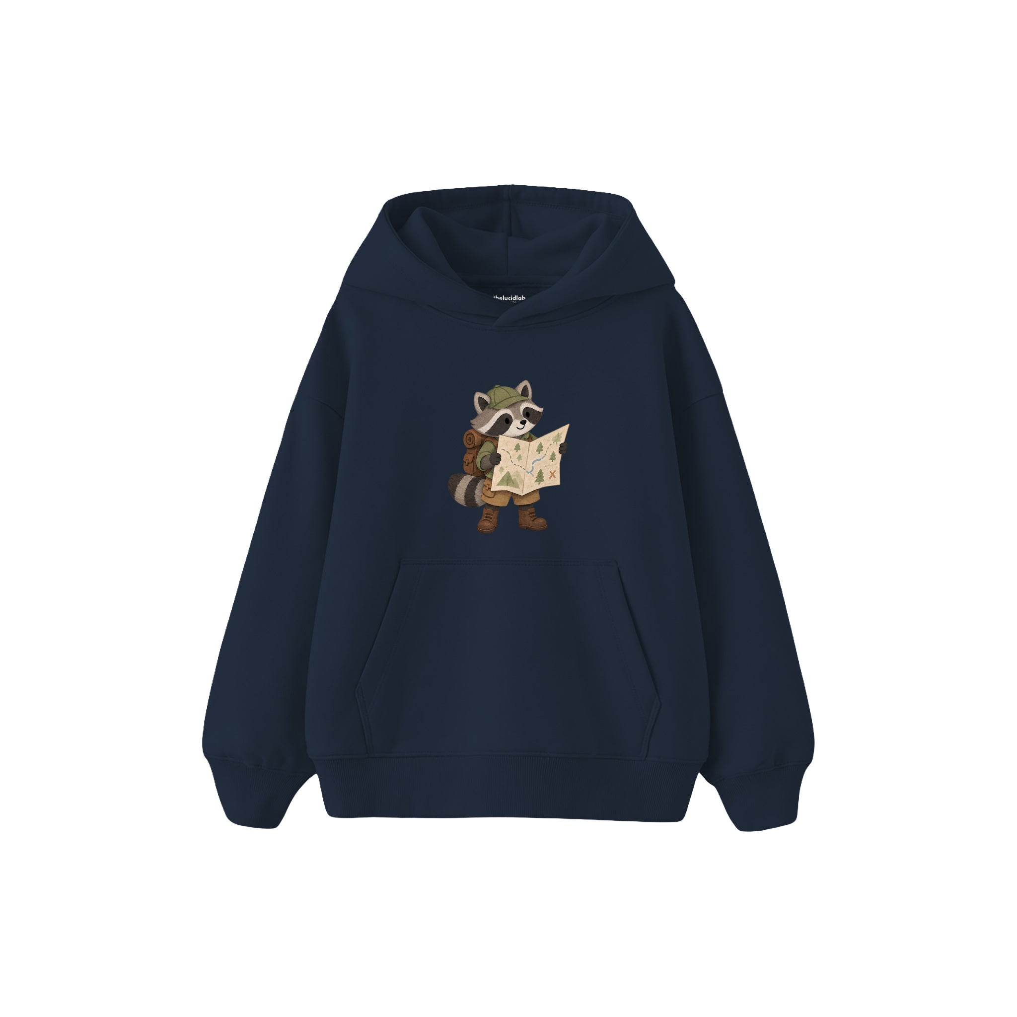 Raccoon reading a large map Çocuk Hoodie — Lacivert — ön görünüm