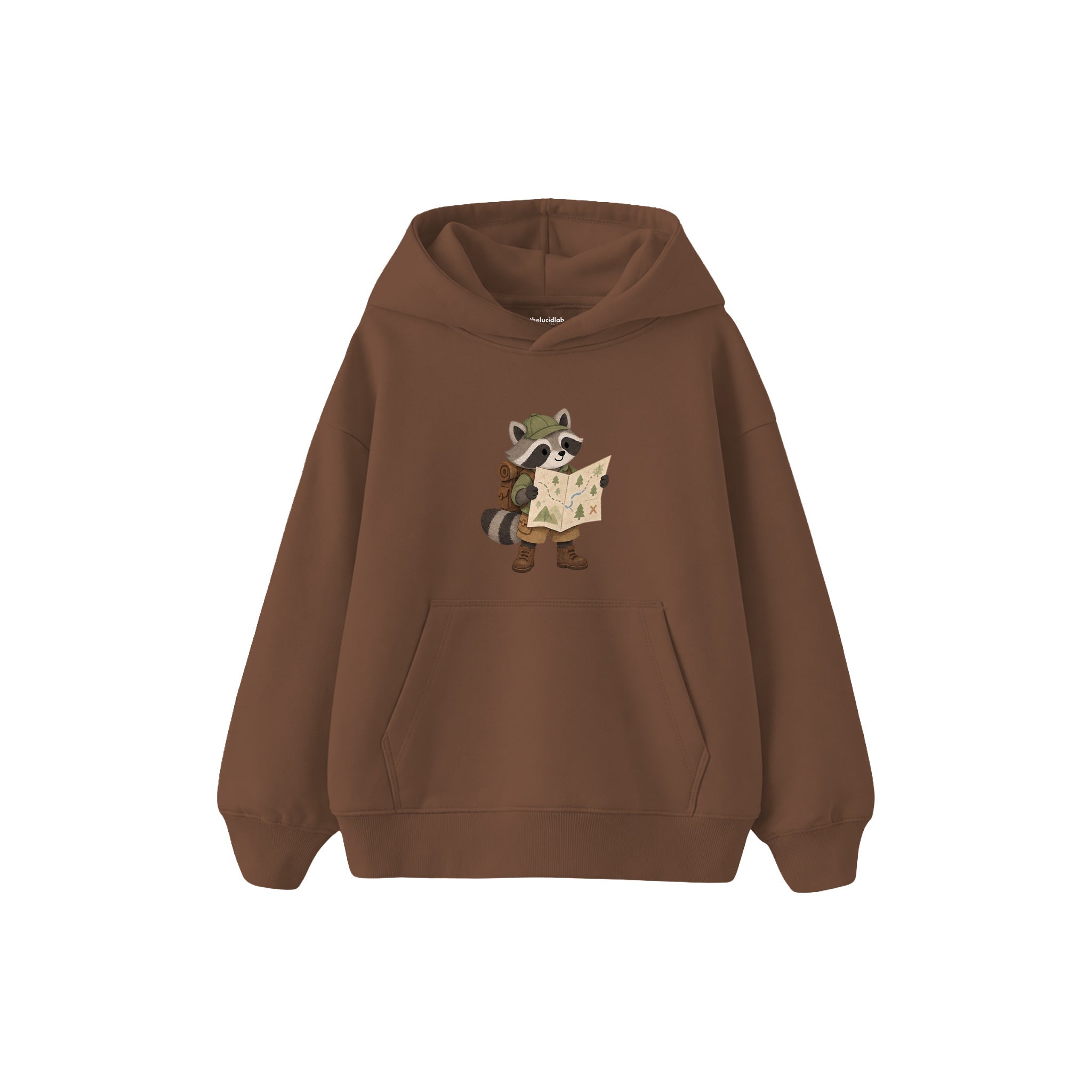Raccoon reading a large map Çocuk Hoodie — Kahverengi — ön görünüm