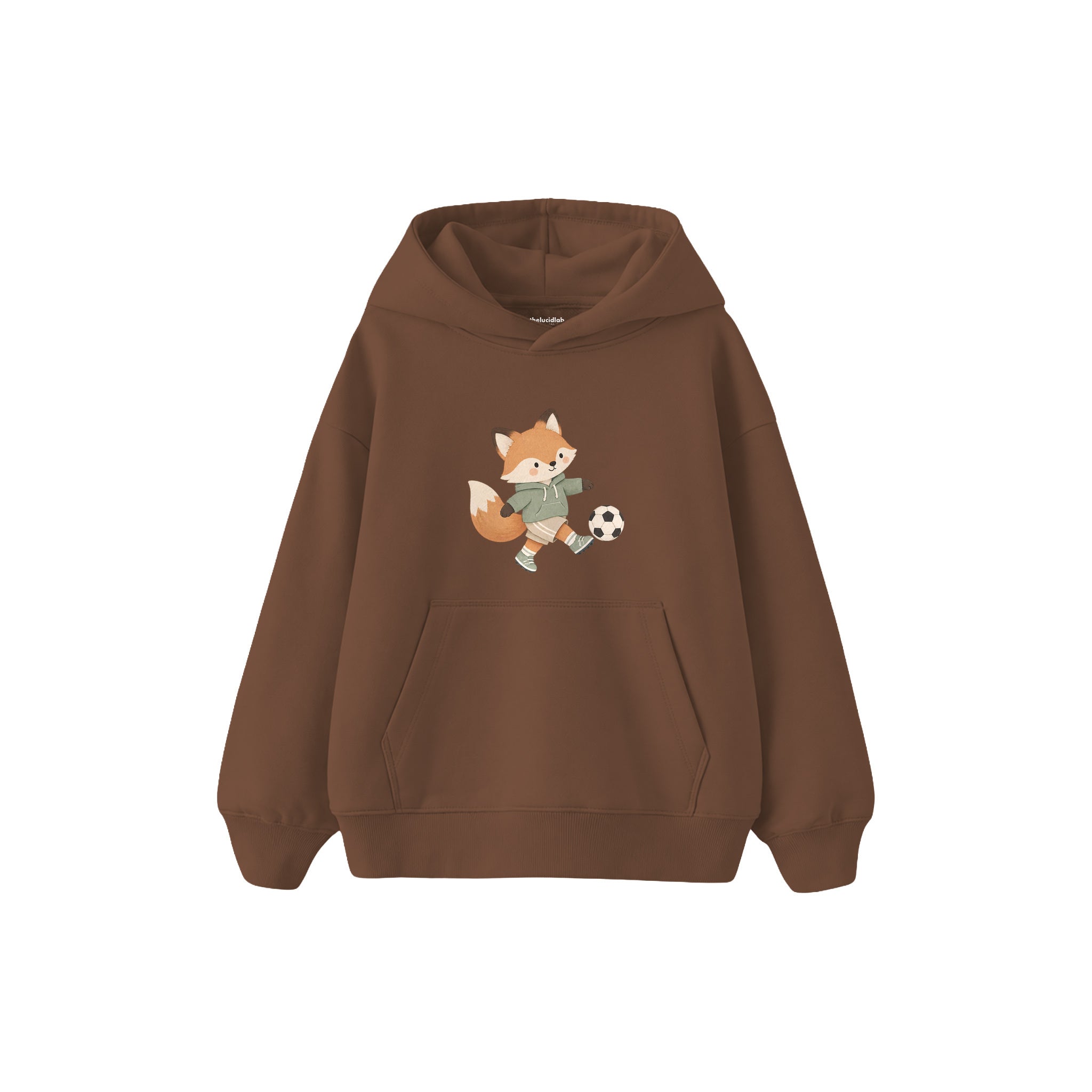 Fox kicking a football Çocuk Hoodie — Kahverengi — ön görünüm