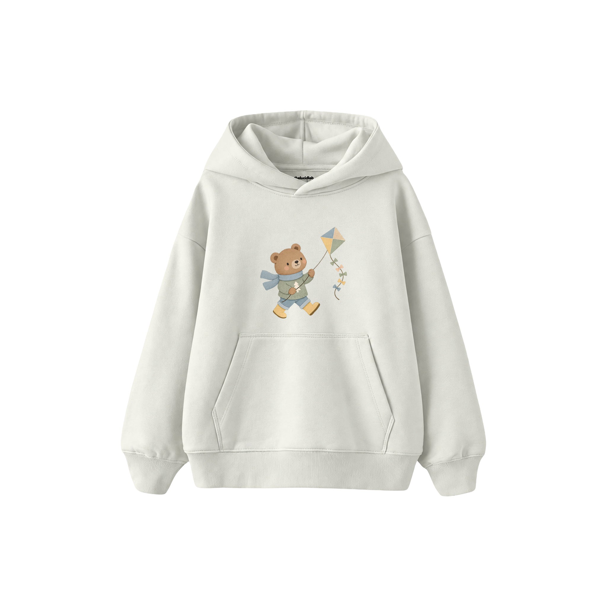 Bear flying a kite Çocuk Hoodie — Beyaz — ön görünüm