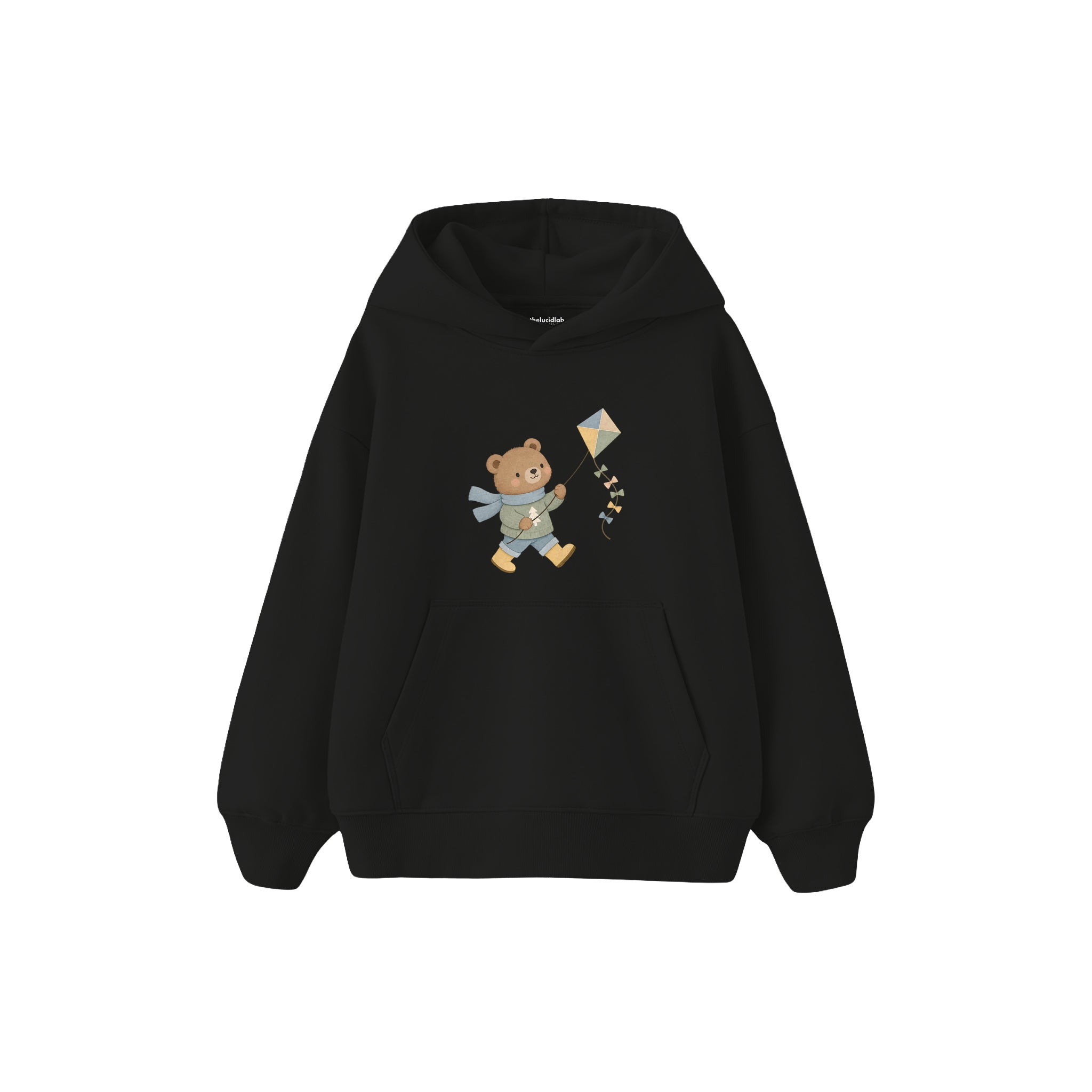Bear flying a kite Çocuk Hoodie — Siyah — ön görünüm