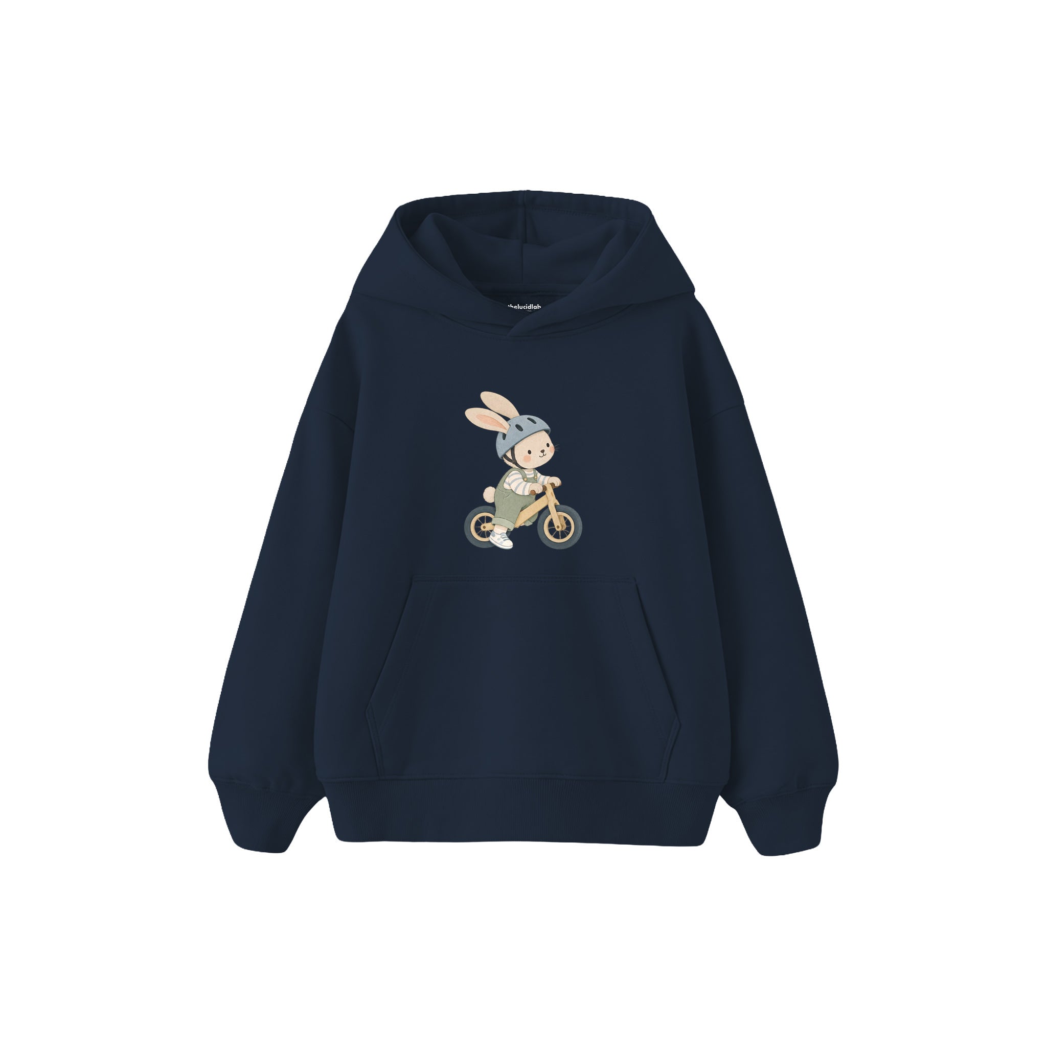Rabbit riding a balance bike Çocuk Hoodie — Lacivert — ön görünüm