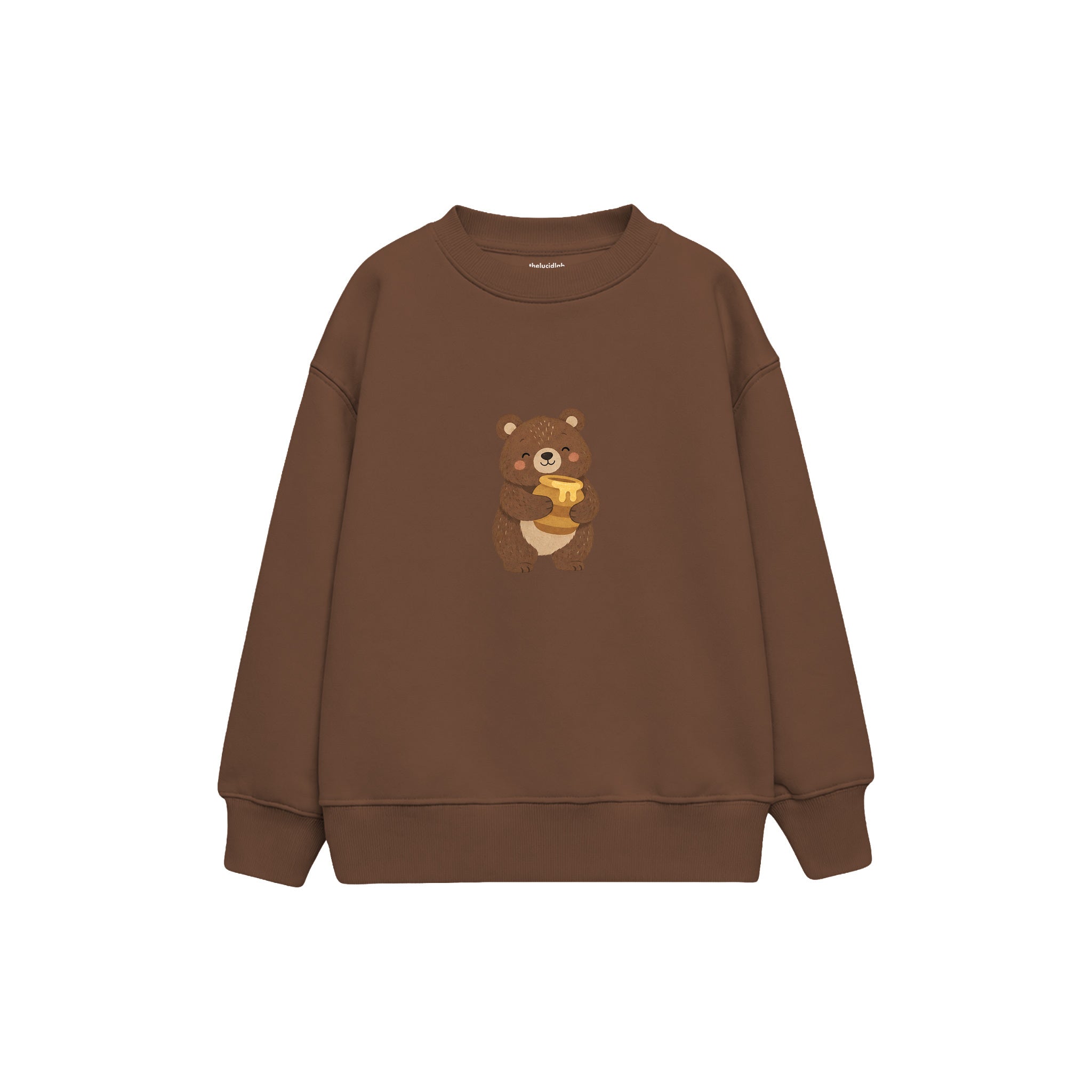 Bear hugging a honey pot Çocuk Sweatshirt — Kahverengi — ön görünüm