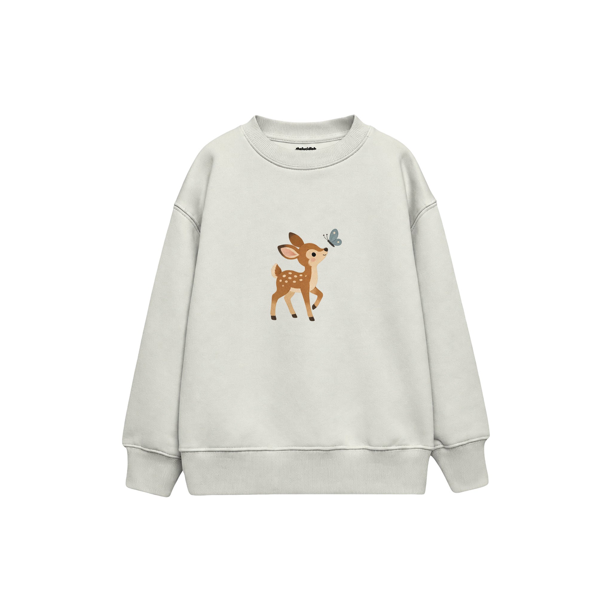 Fawn looking at a butterfly Çocuk Sweatshirt — Beyaz — ön görünüm