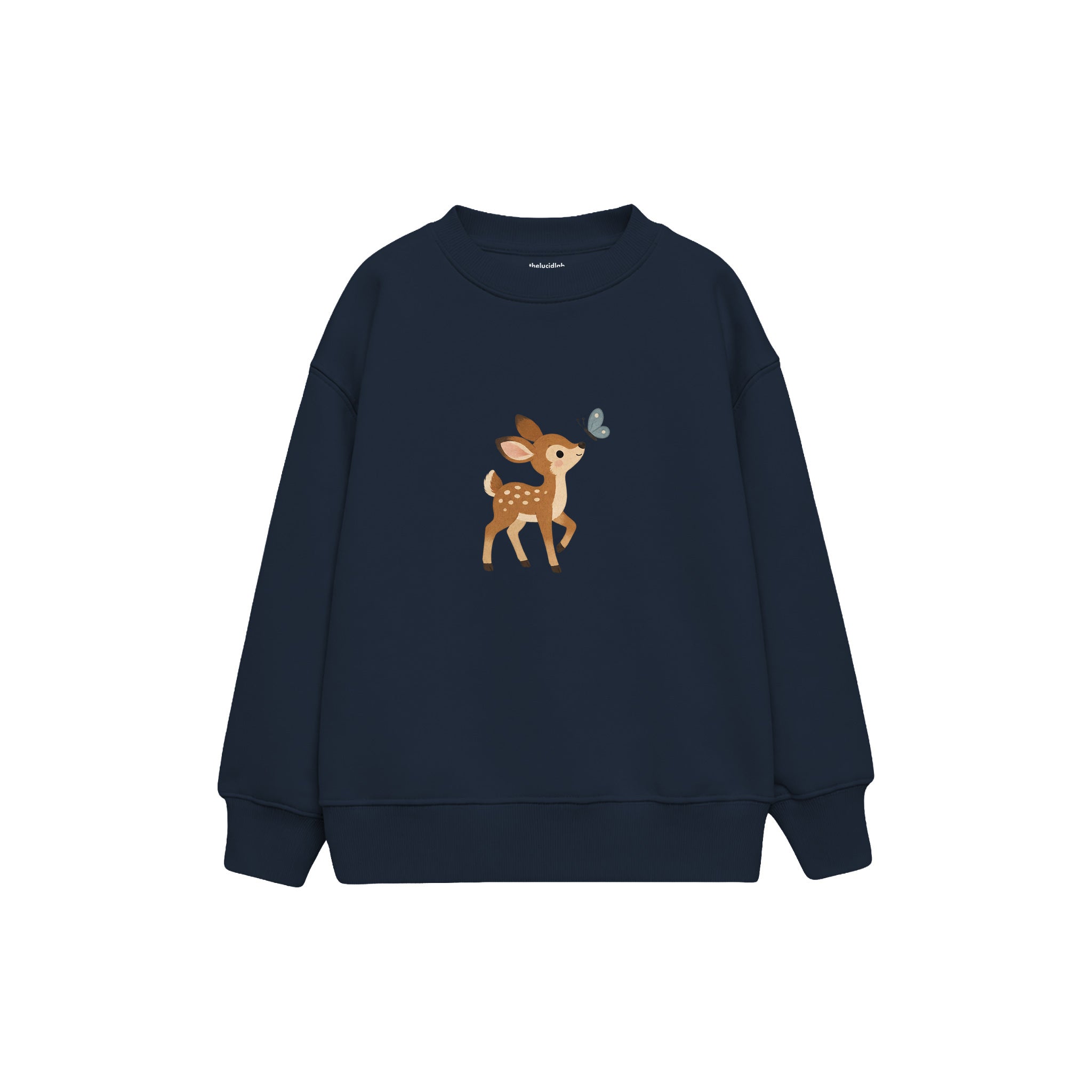 Fawn looking at a butterfly Çocuk Sweatshirt — Lacivert — ön görünüm