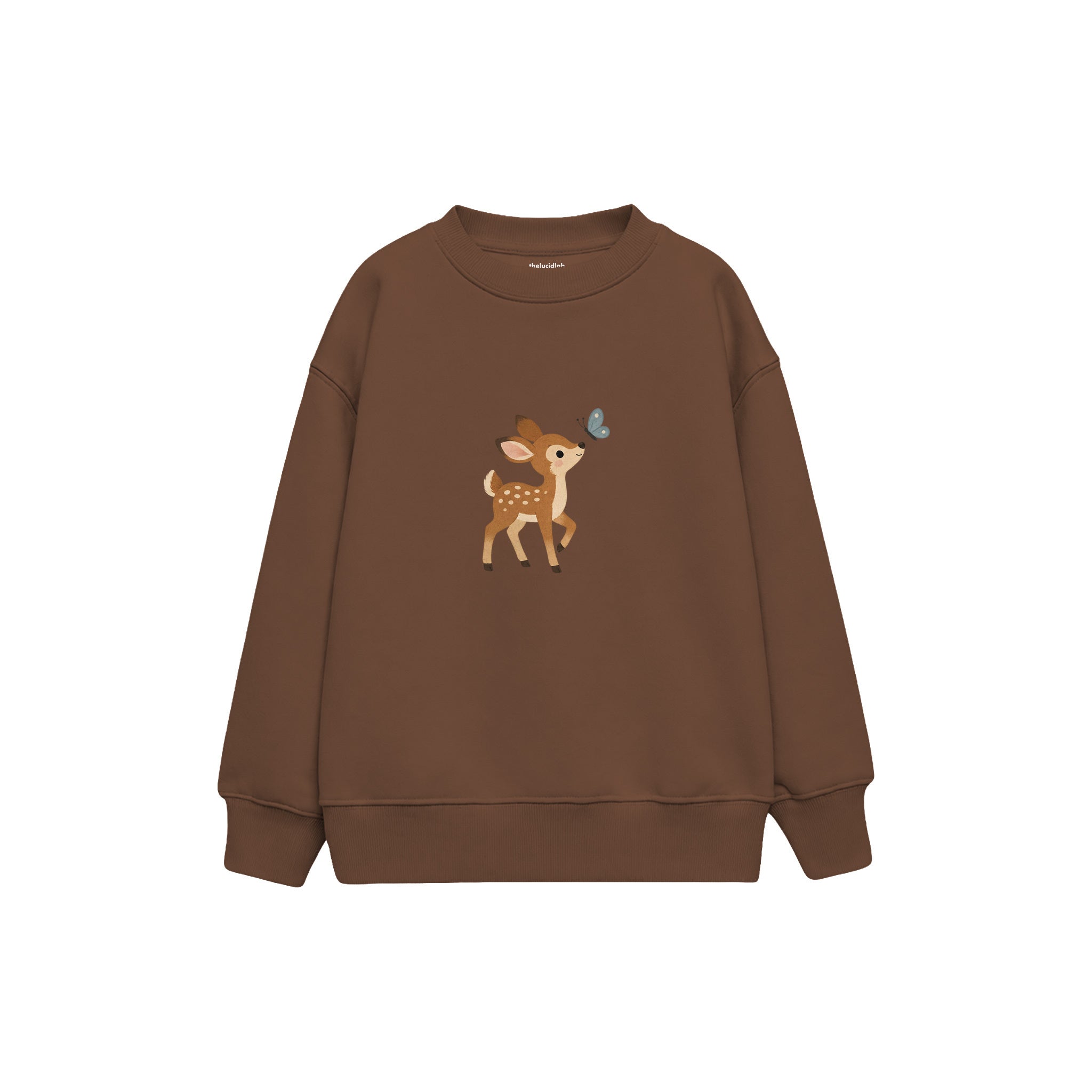 Fawn looking at a butterfly Çocuk Sweatshirt — Kahverengi — ön görünüm