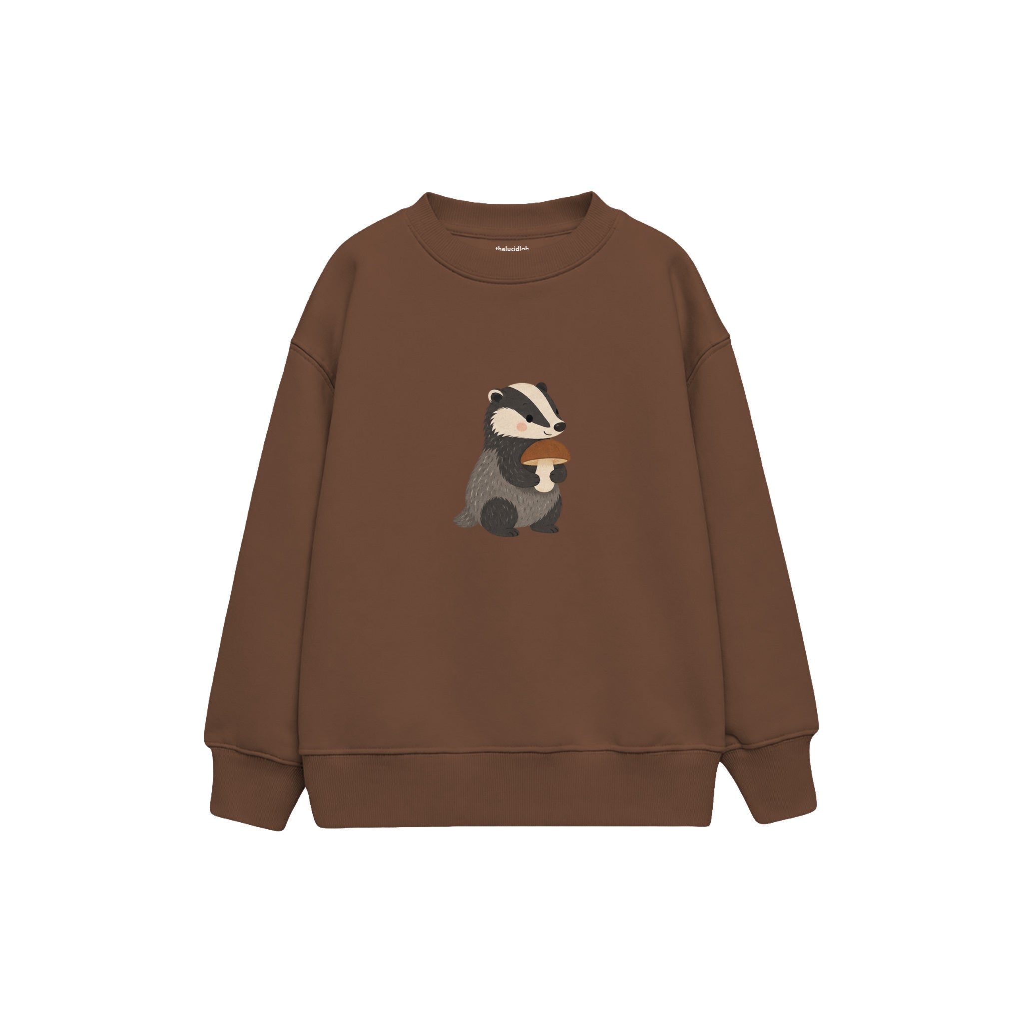 Badger holding a mushroom Çocuk Sweatshirt — Kahverengi — ön görünüm