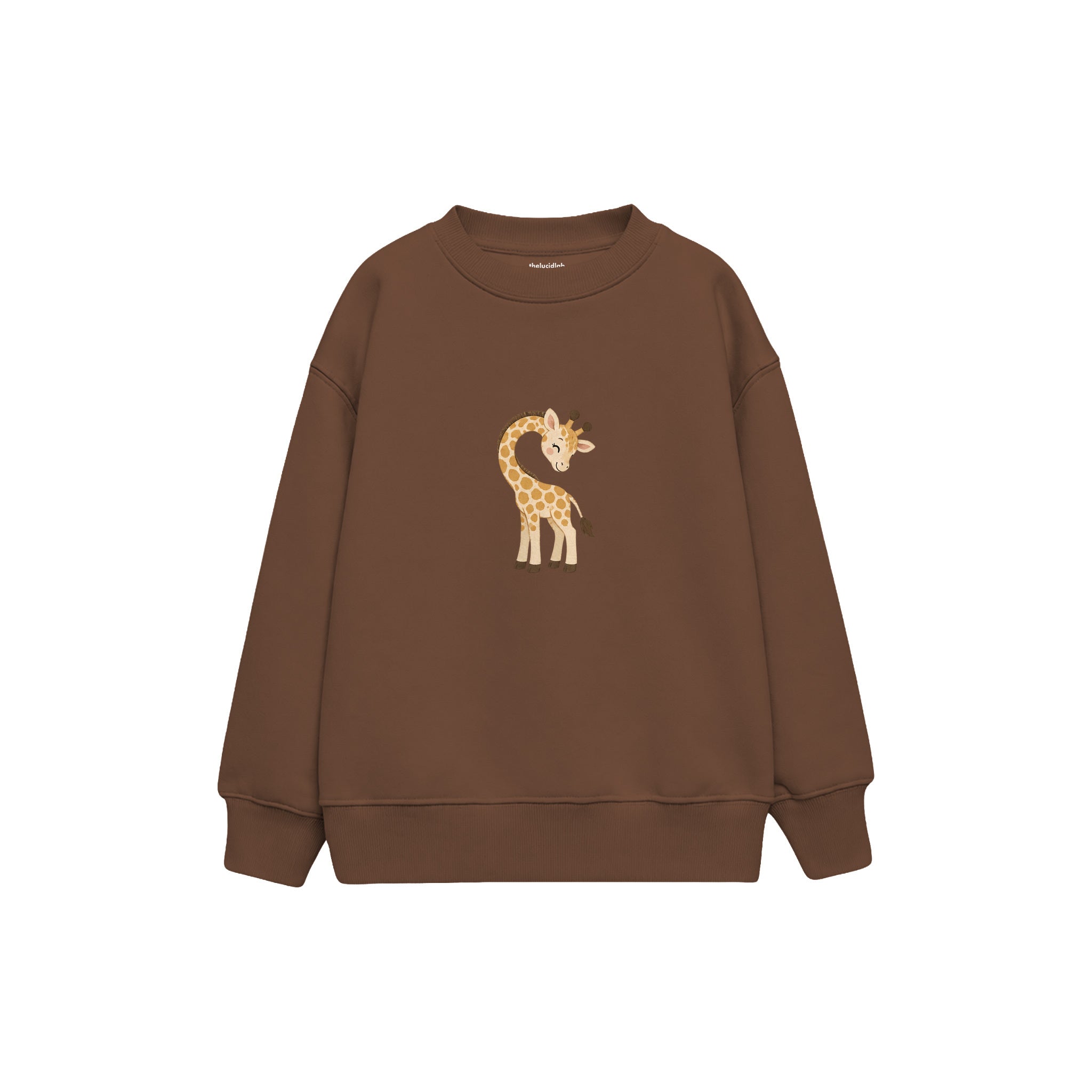 Baby giraffe bending its neck in a heart curve Çocuk Sweatshirt — Kahverengi — ön görünüm