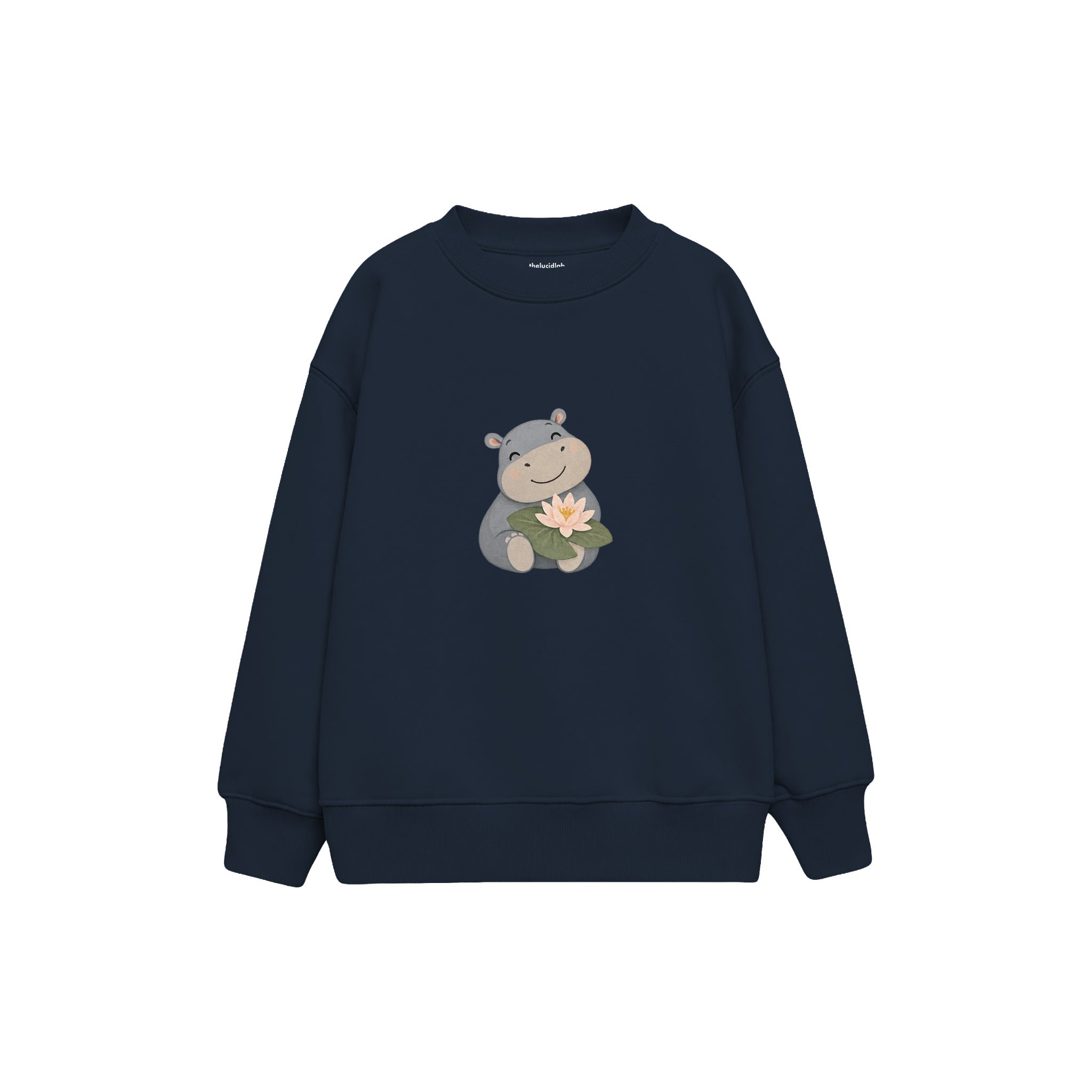 Hippo smiling with a water lily Çocuk Sweatshirt — Lacivert — ön görünüm