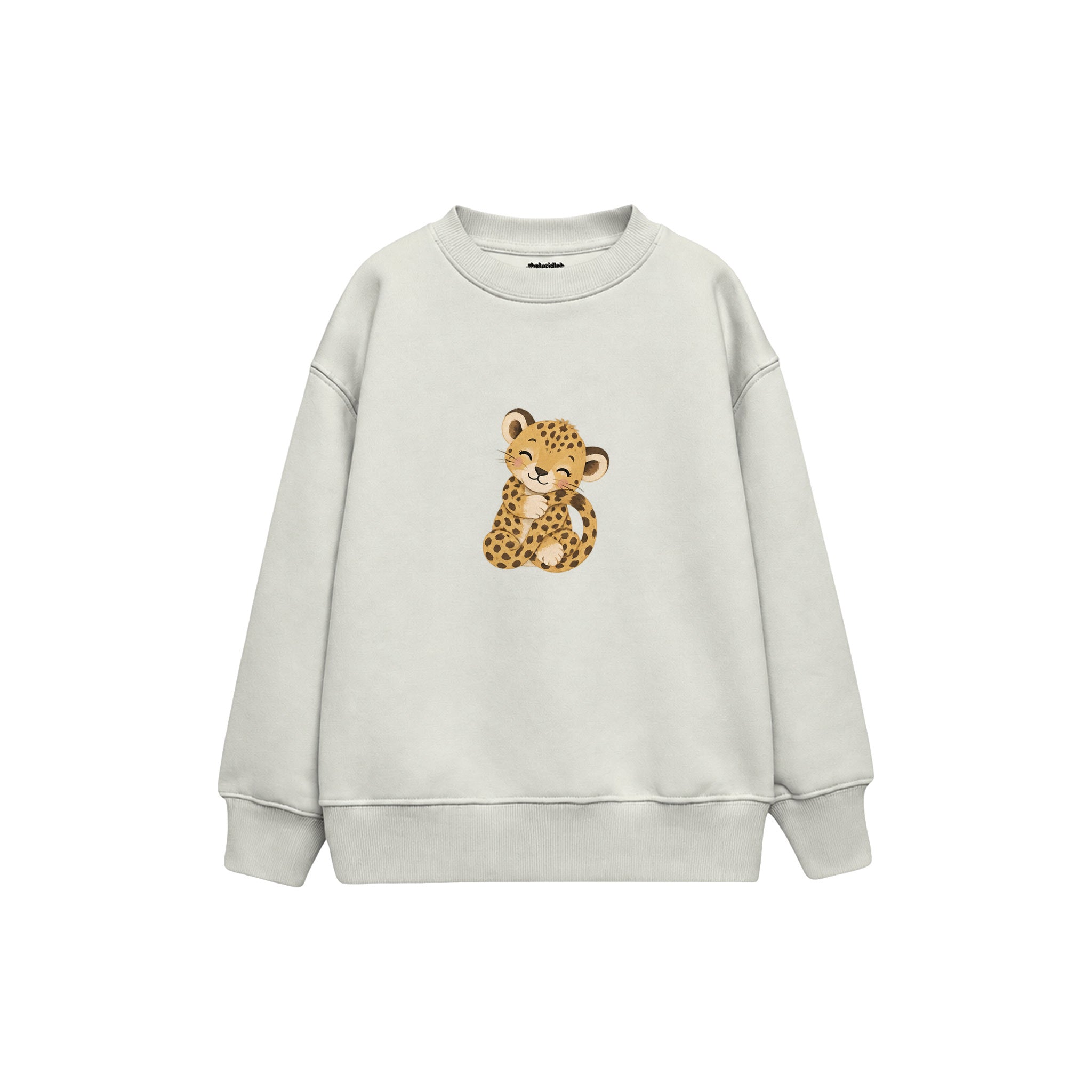 Baby leopard hugging its tail Çocuk Sweatshirt — Beyaz — ön görünüm