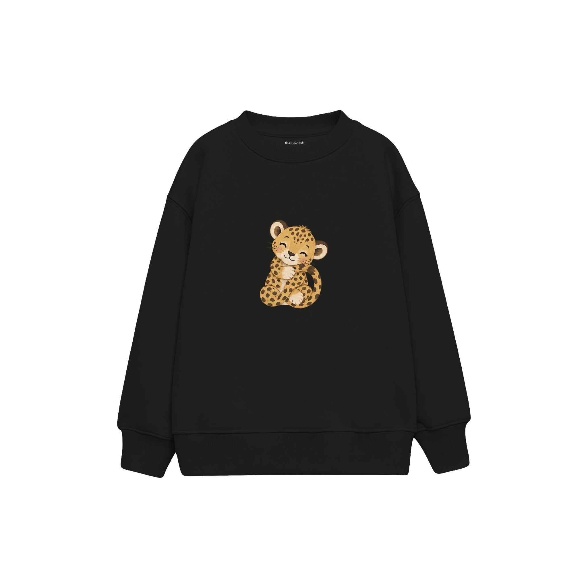 Baby leopard hugging its tail Çocuk Sweatshirt — Siyah — ön görünüm