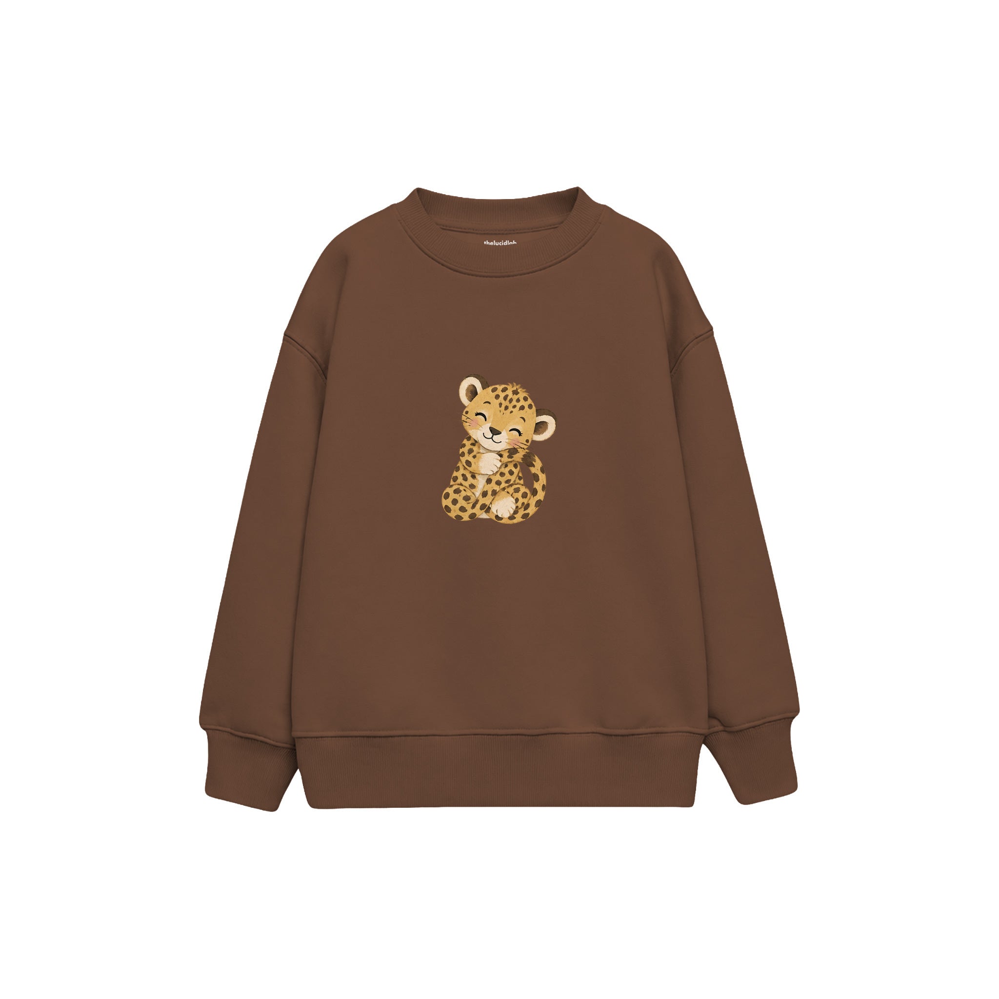 Baby leopard hugging its tail Çocuk Sweatshirt — Kahverengi — ön görünüm