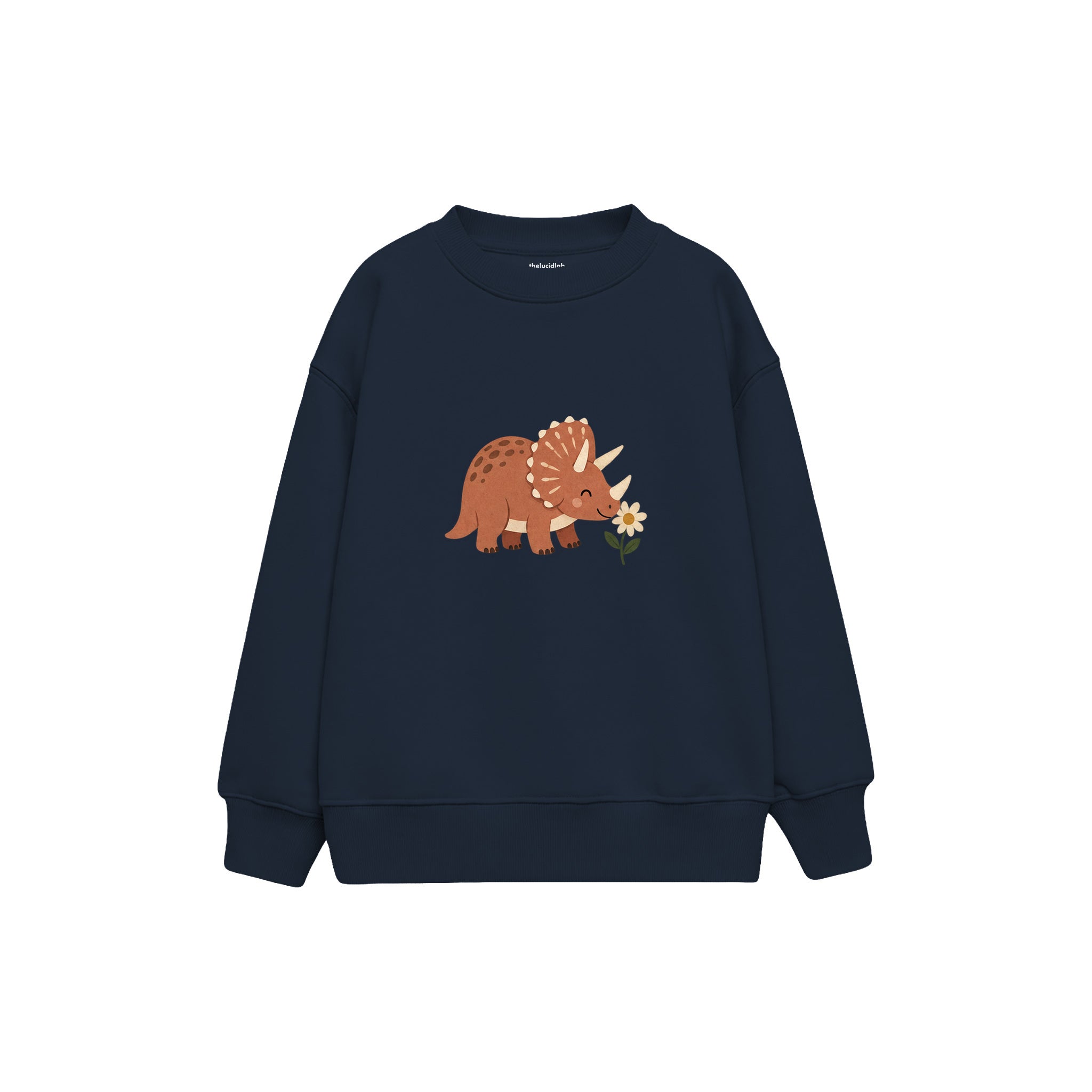 Terracotta triceratops smelling a flower Çocuk Sweatshirt — Lacivert — ön görünüm