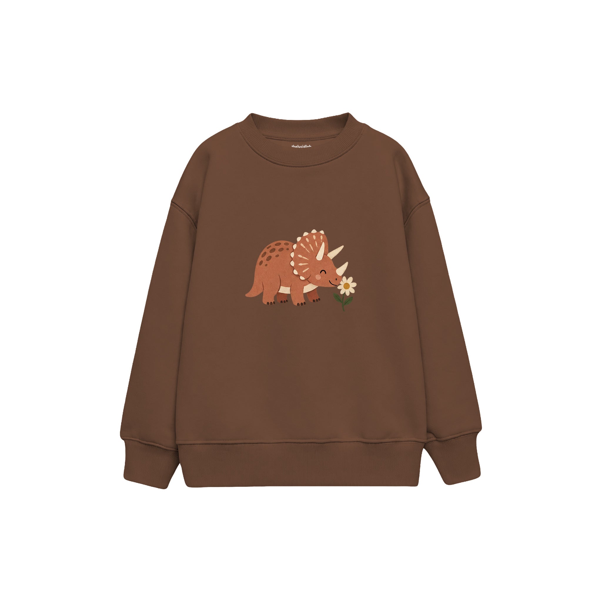 Terracotta triceratops smelling a flower Çocuk Sweatshirt — Kahverengi — ön görünüm