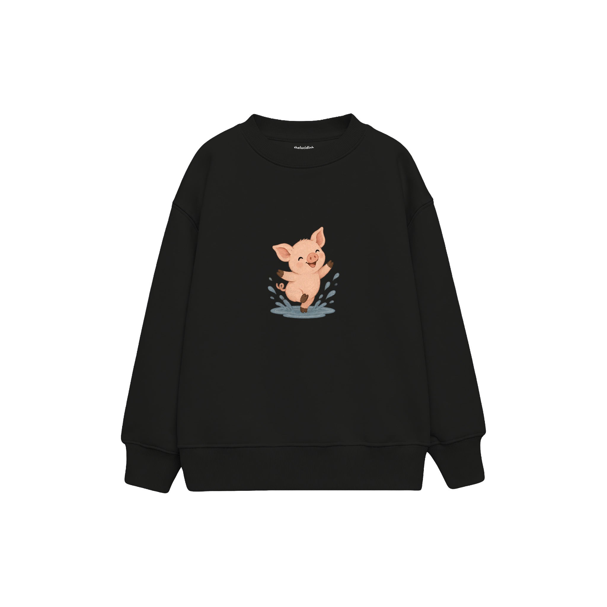 Piglet splashing in a tiny isolated puddle Çocuk Sweatshirt — Siyah — ön görünüm