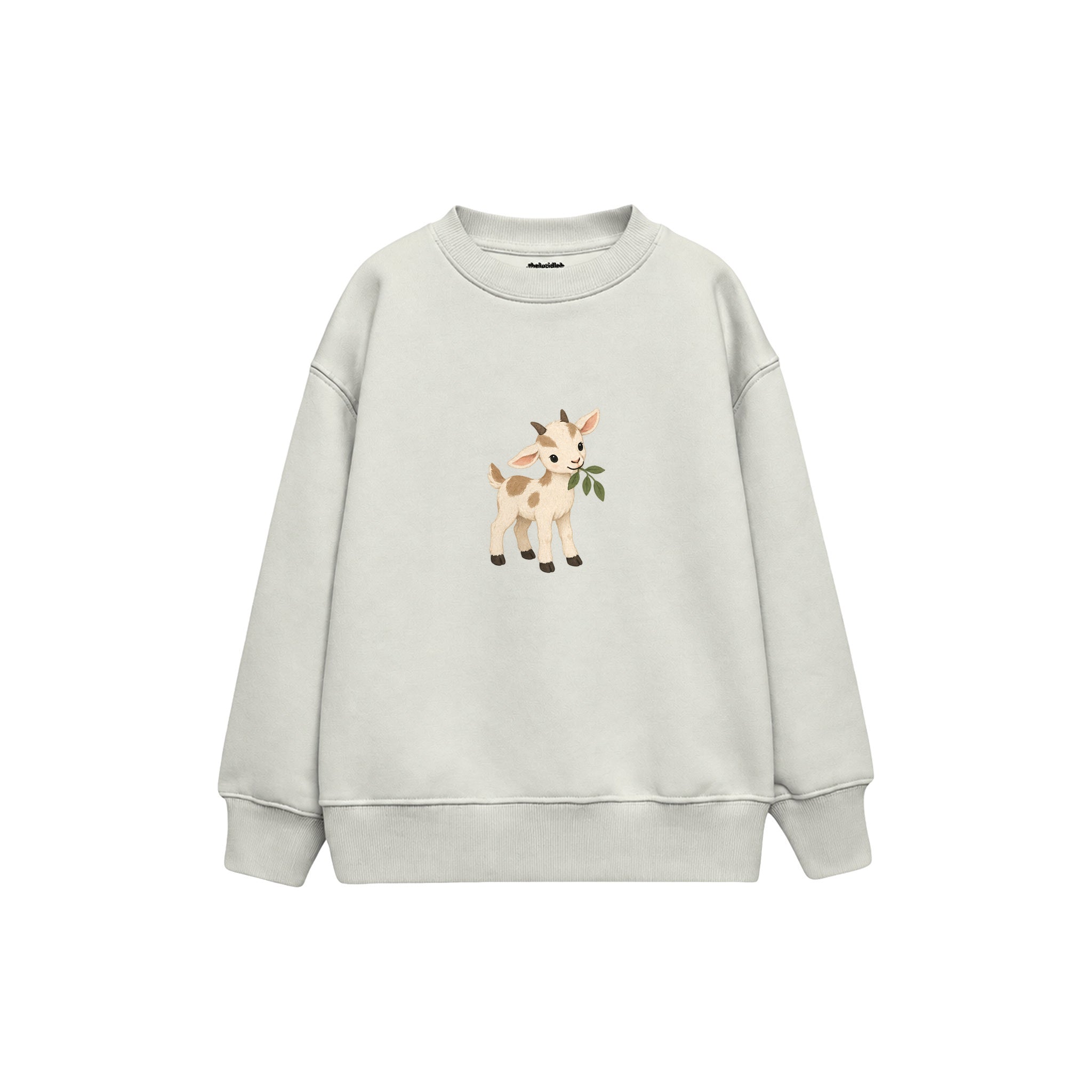Goat kid nibbling a leaf Çocuk Sweatshirt — Beyaz — ön görünüm