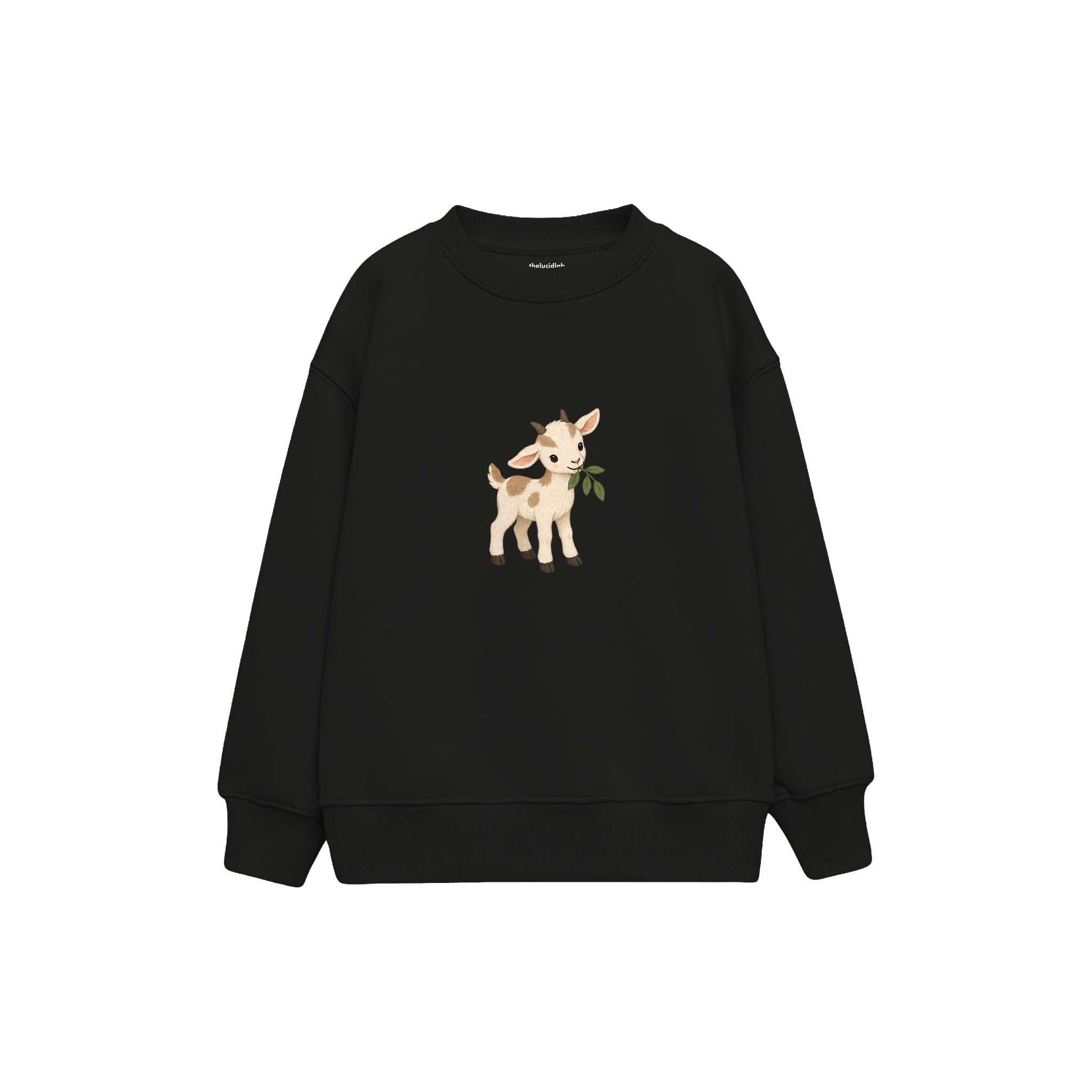Goat kid nibbling a leaf Çocuk Sweatshirt — Siyah — ön görünüm