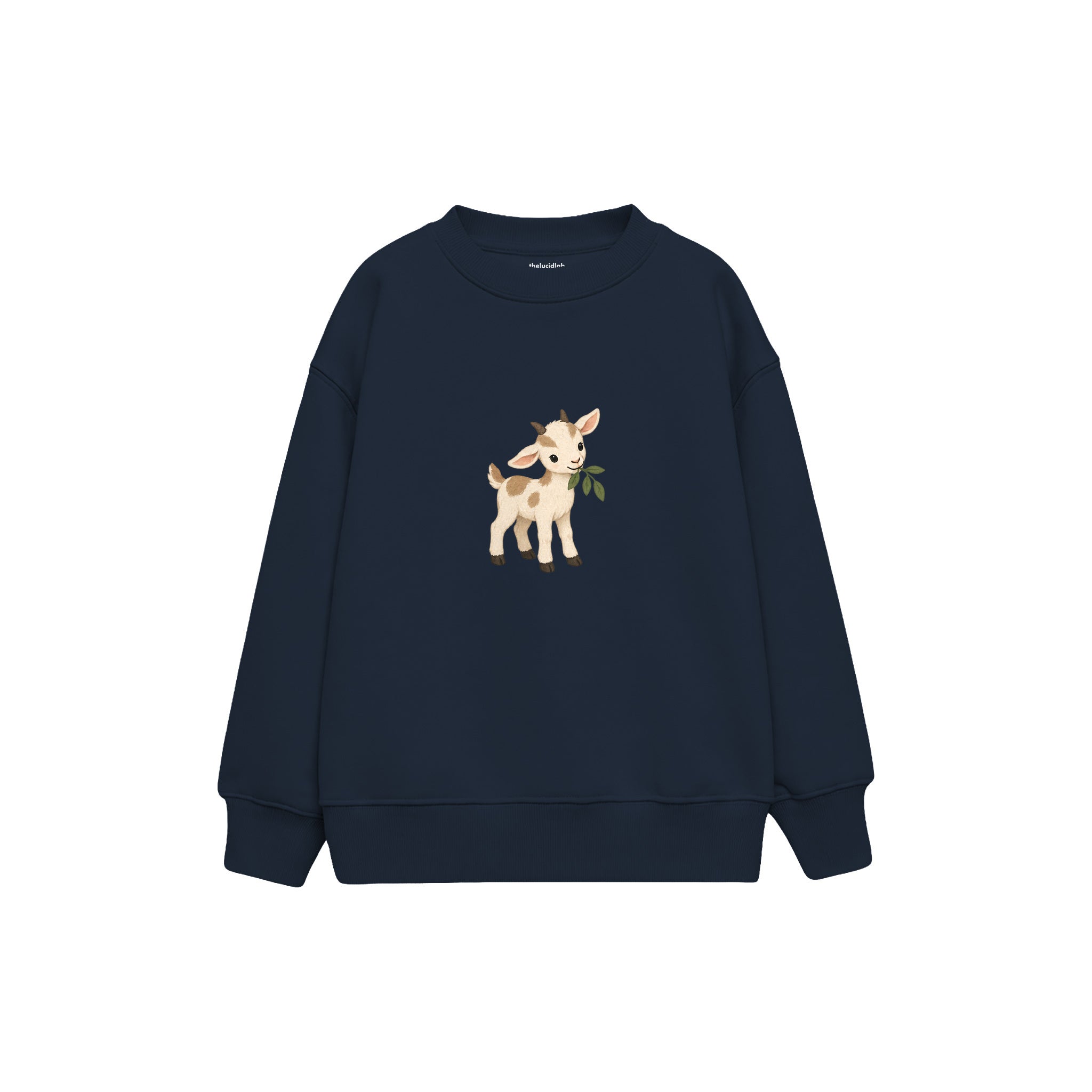 Goat kid nibbling a leaf Çocuk Sweatshirt — Lacivert — ön görünüm