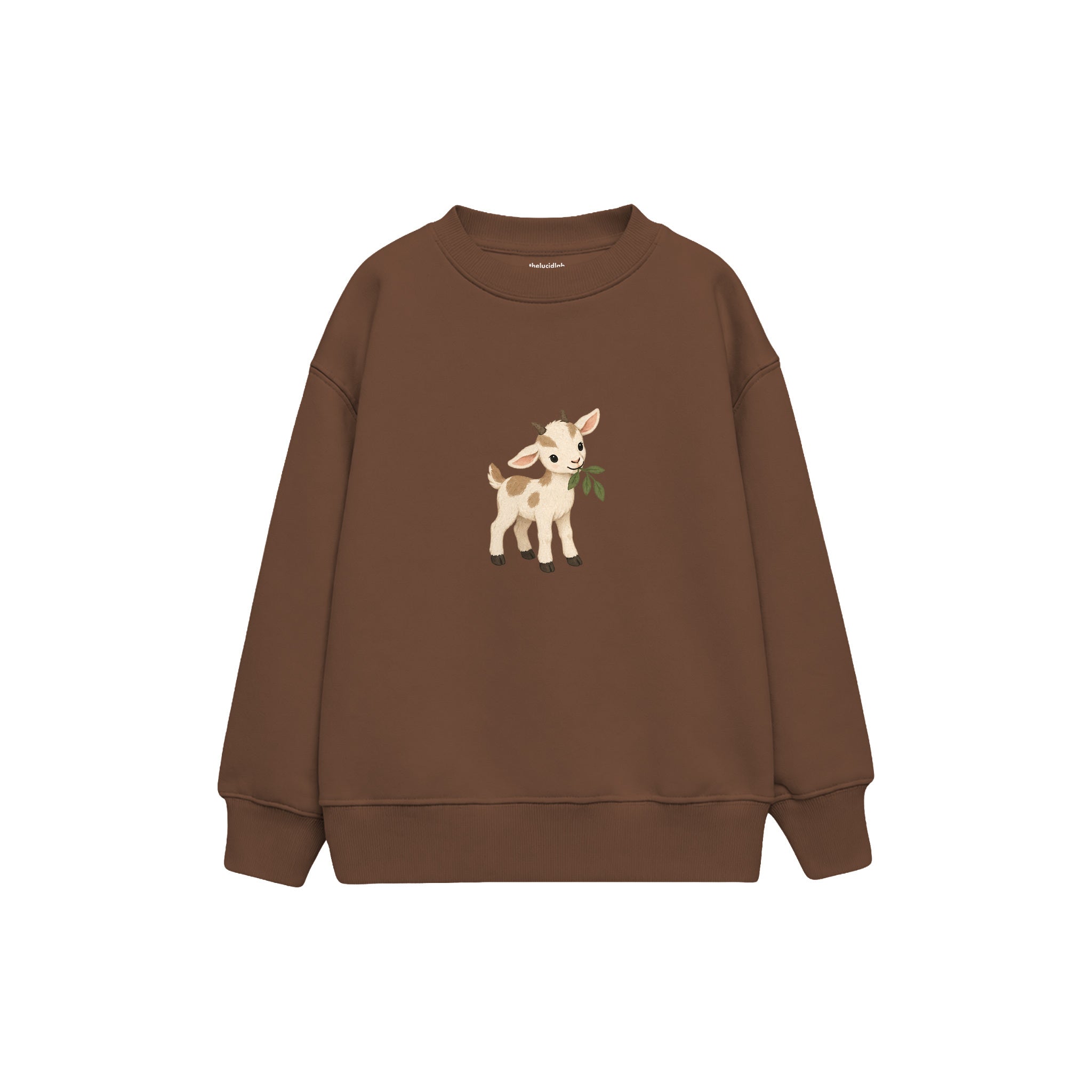 Goat kid nibbling a leaf Çocuk Sweatshirt — Kahverengi — ön görünüm