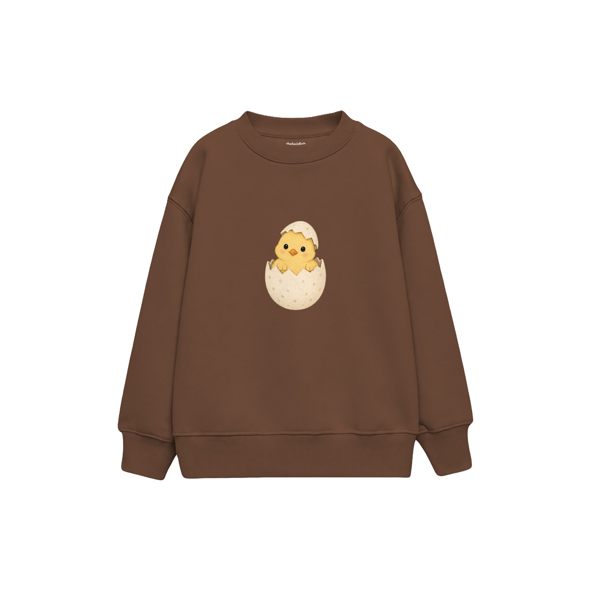 Chick peeking from an eggshell Çocuk Sweatshirt — Kahverengi — ön görünüm