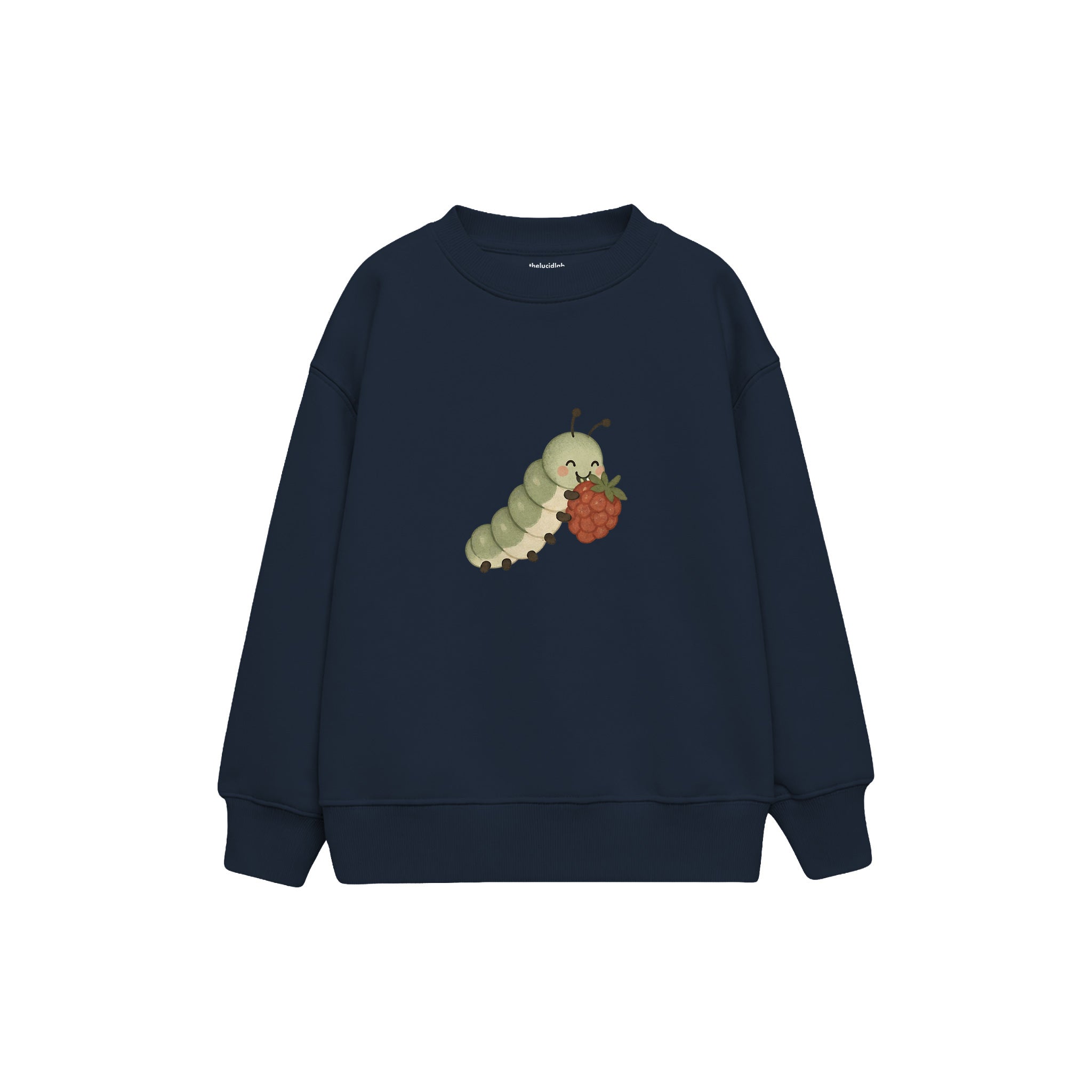 Caterpillar eating a berry Çocuk Sweatshirt — Lacivert — ön görünüm